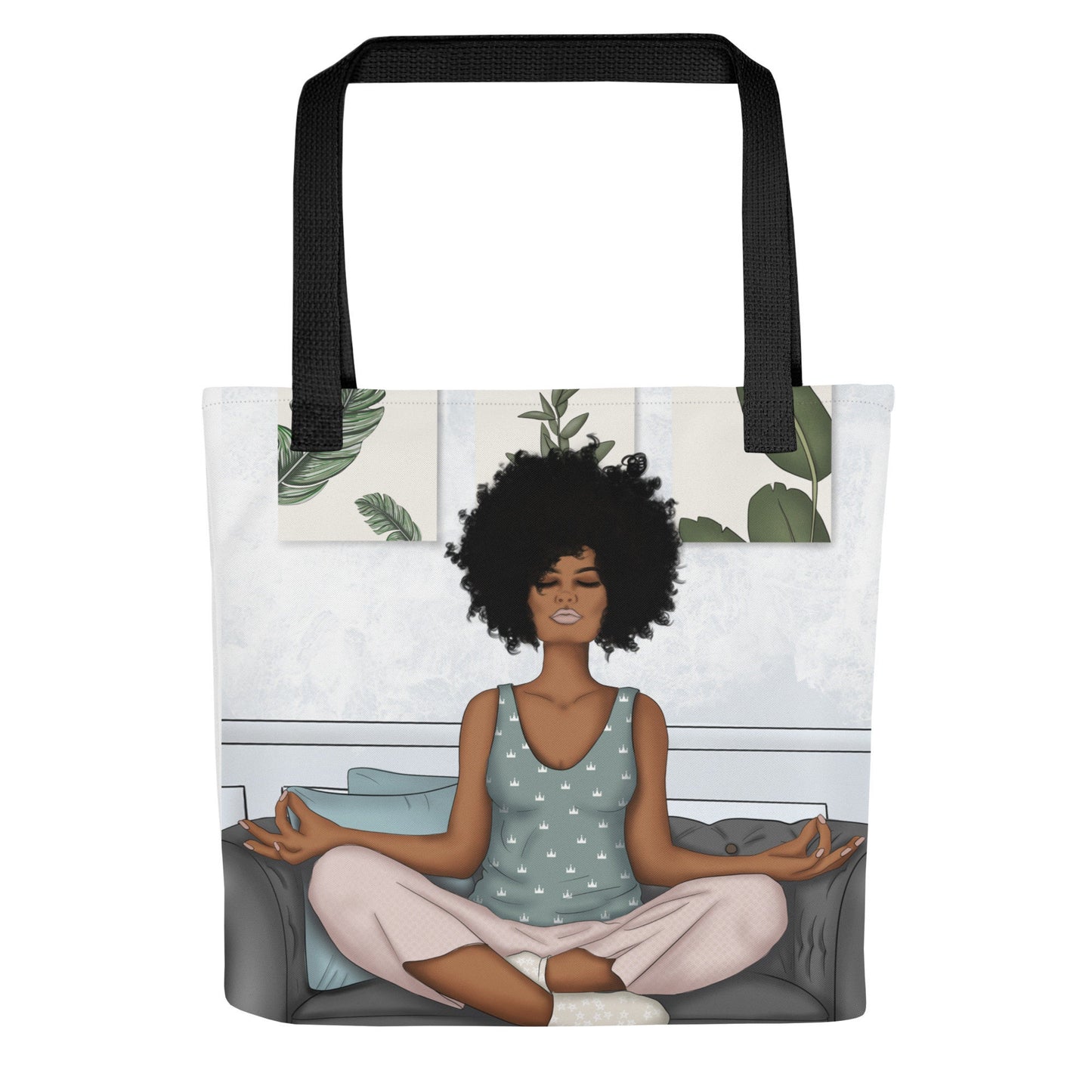 Namaste Black African American Woman in Peaceful Yoga or Meditation Pose Tote bag