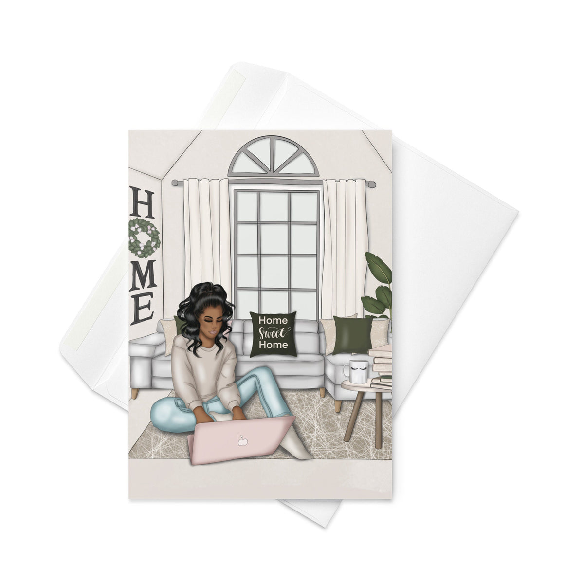 Home Sweet Home Black African American Student with Laptop Greeting card Blank Inside Includes Envelope