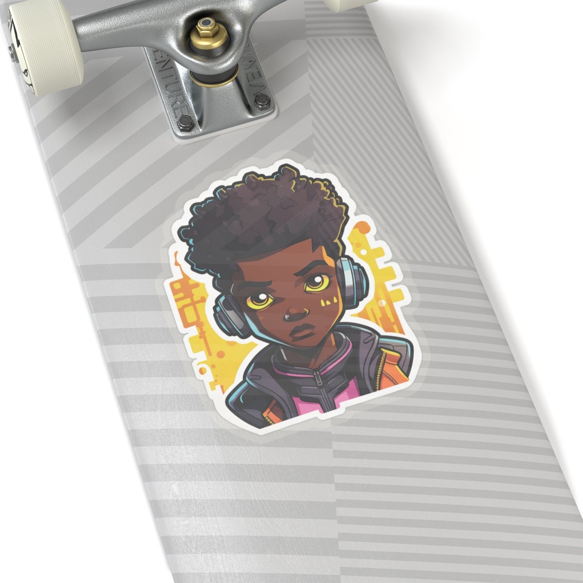 Kawaii Anime Style African American (Black) Young Man (Boy) in Yellow or Golden Background Kiss-Cut Stickers