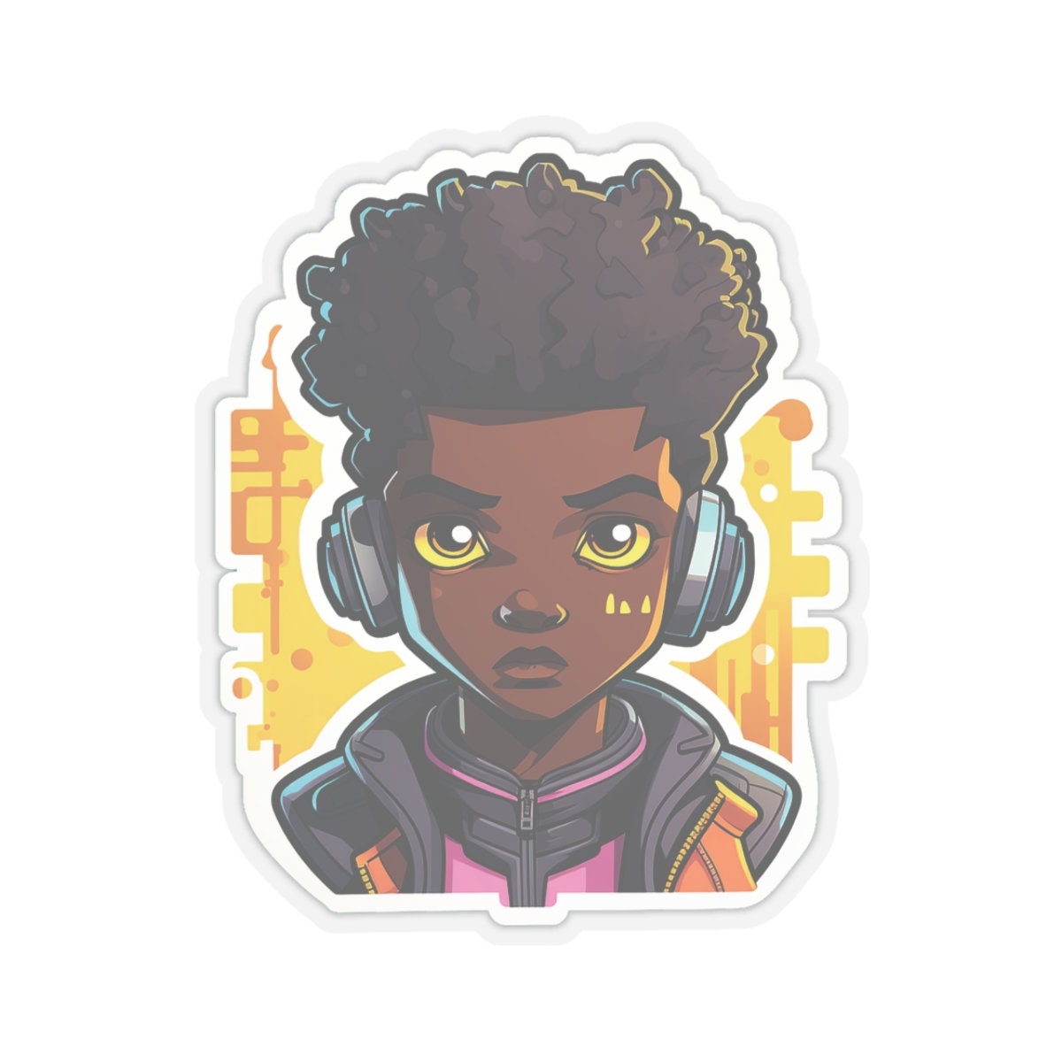 Kawaii Anime Style African American (Black) Young Man (Boy) in Yellow or Golden Background Kiss-Cut Stickers