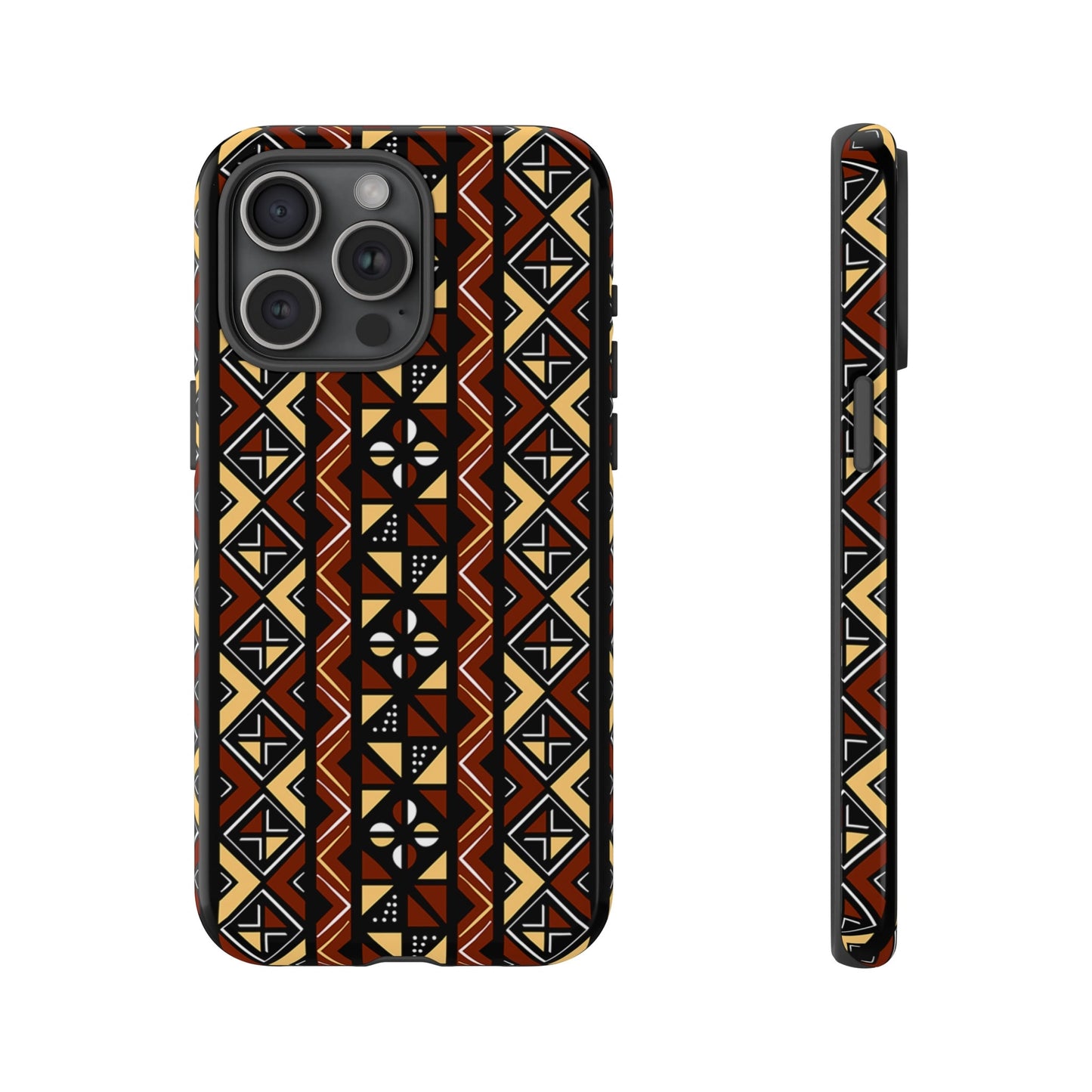 iPhone 15, iPhone 15 Pro, iPhone 15 Plus, iPhone 15 Pro Max Tough Cases Brown Black Yellow African Design Pattern