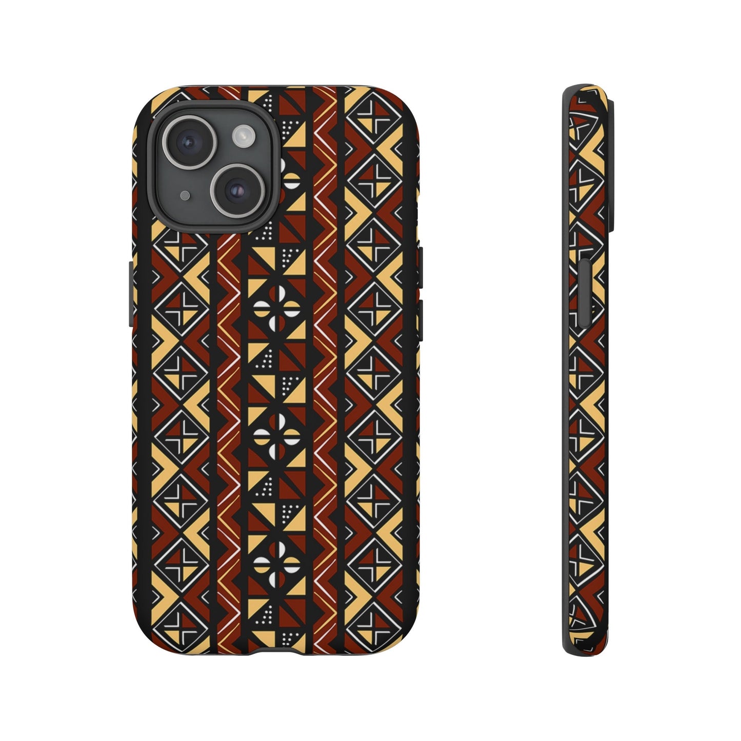 iPhone 15, iPhone 15 Pro, iPhone 15 Plus, iPhone 15 Pro Max Tough Cases Brown Black Yellow African Design Pattern
