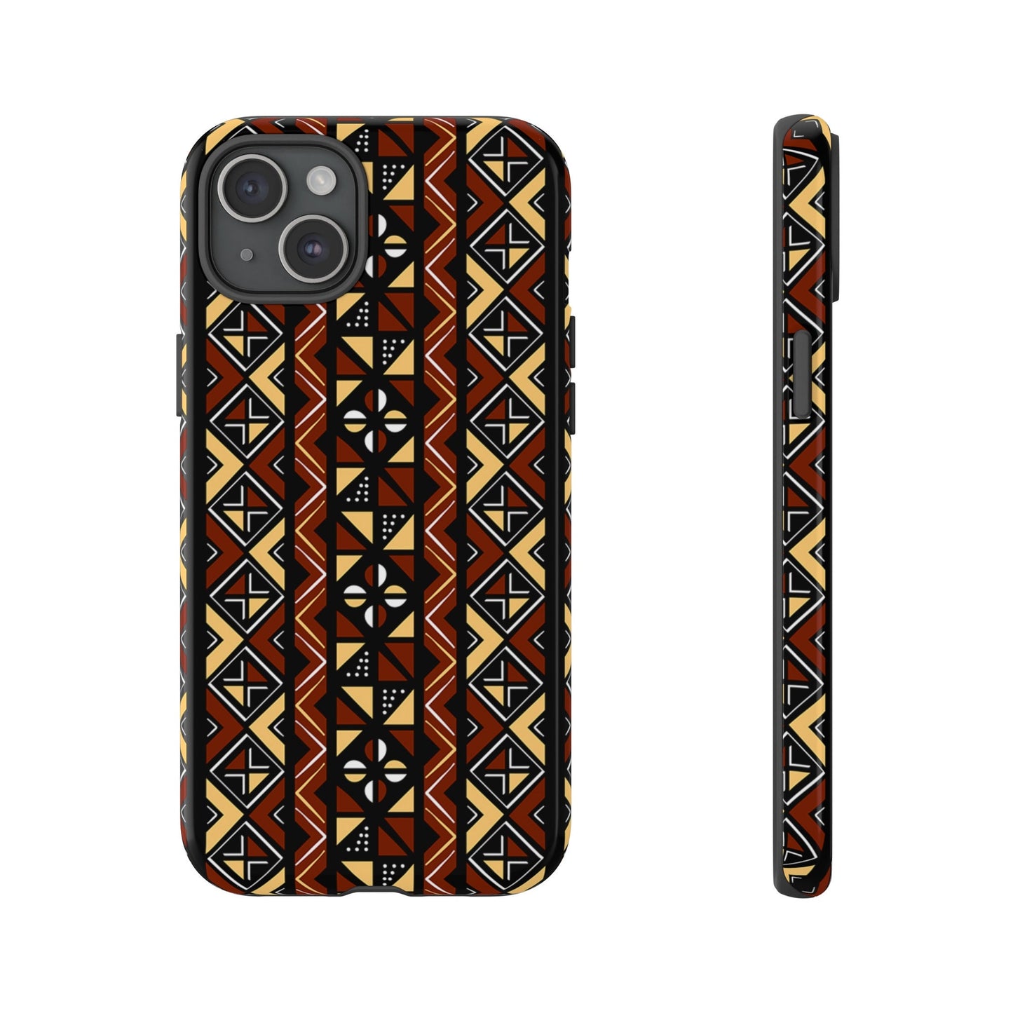 iPhone 15, iPhone 15 Pro, iPhone 15 Plus, iPhone 15 Pro Max Tough Cases Brown Black Yellow African Design Pattern