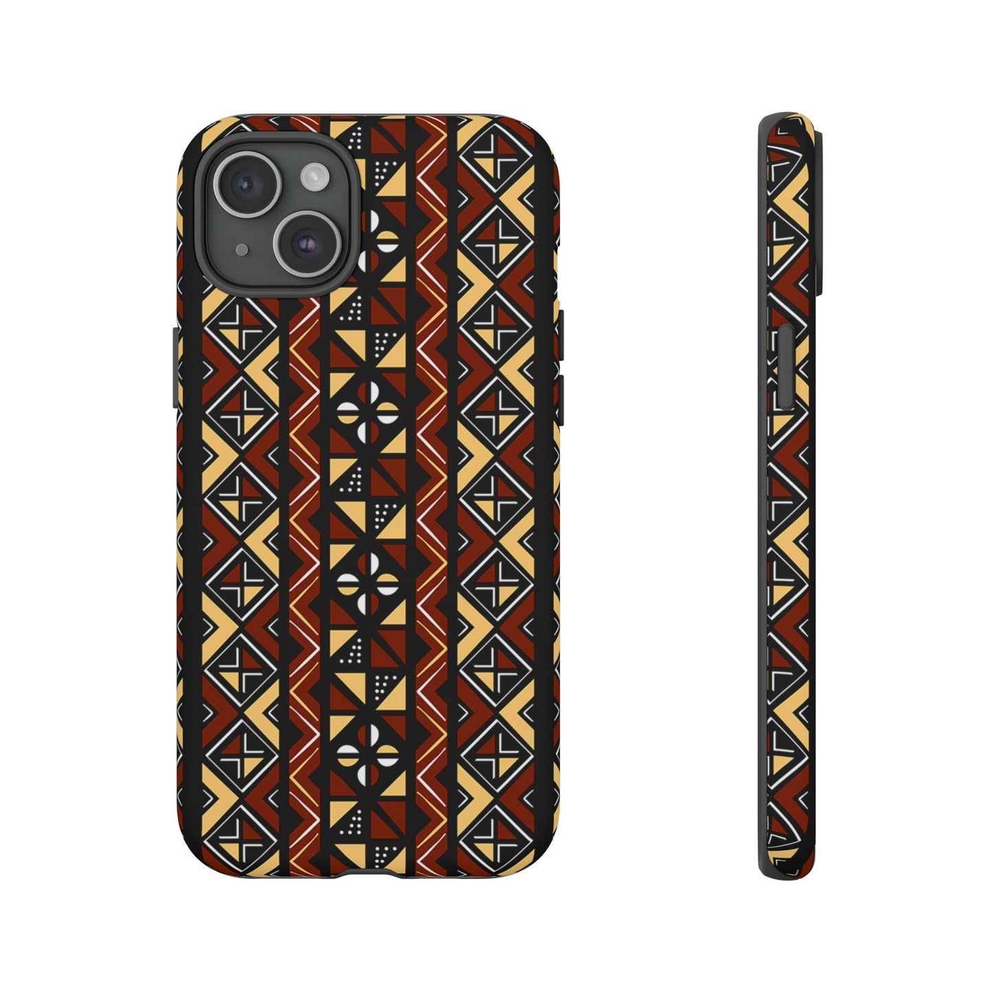 iPhone 15, iPhone 15 Pro, iPhone 15 Plus, iPhone 15 Pro Max Tough Cases Brown Black Yellow African Design Pattern