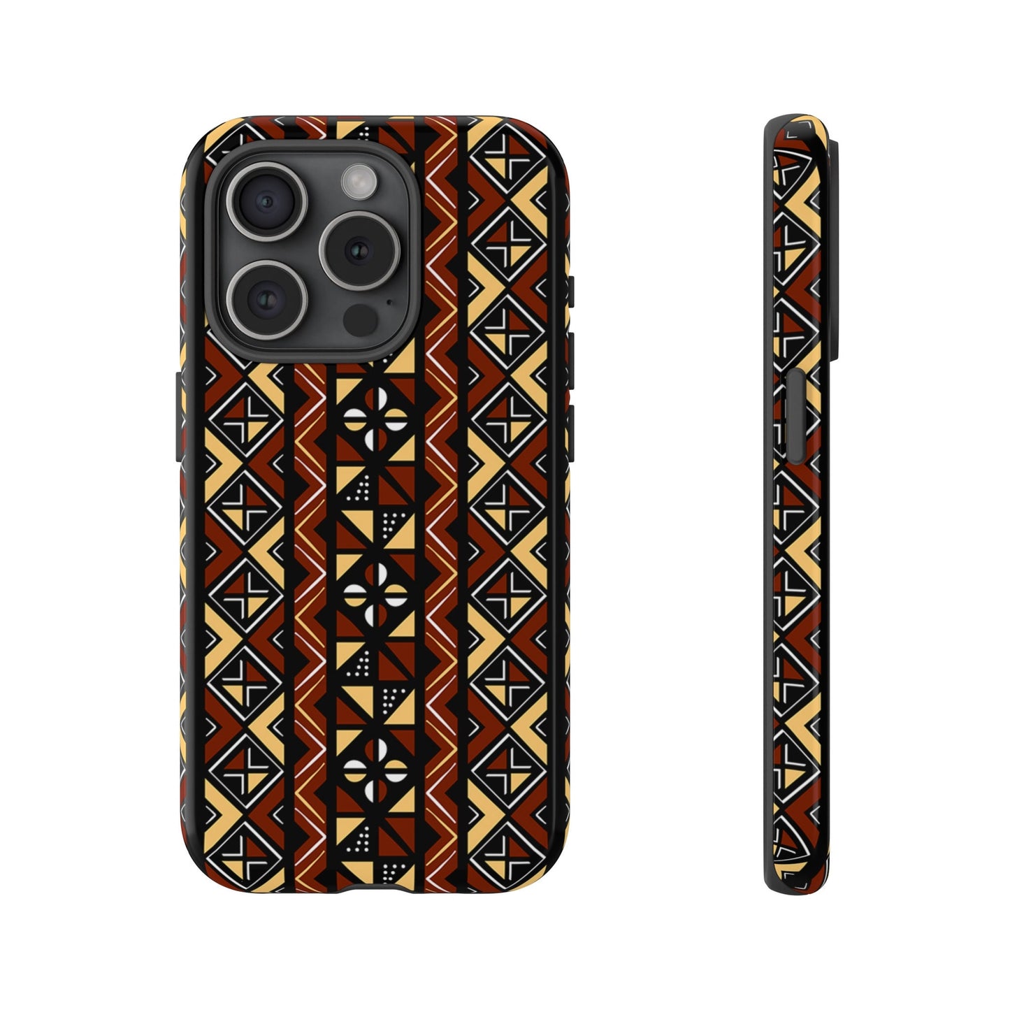 iPhone 15, iPhone 15 Pro, iPhone 15 Plus, iPhone 15 Pro Max Tough Cases Brown Black Yellow African Design Pattern