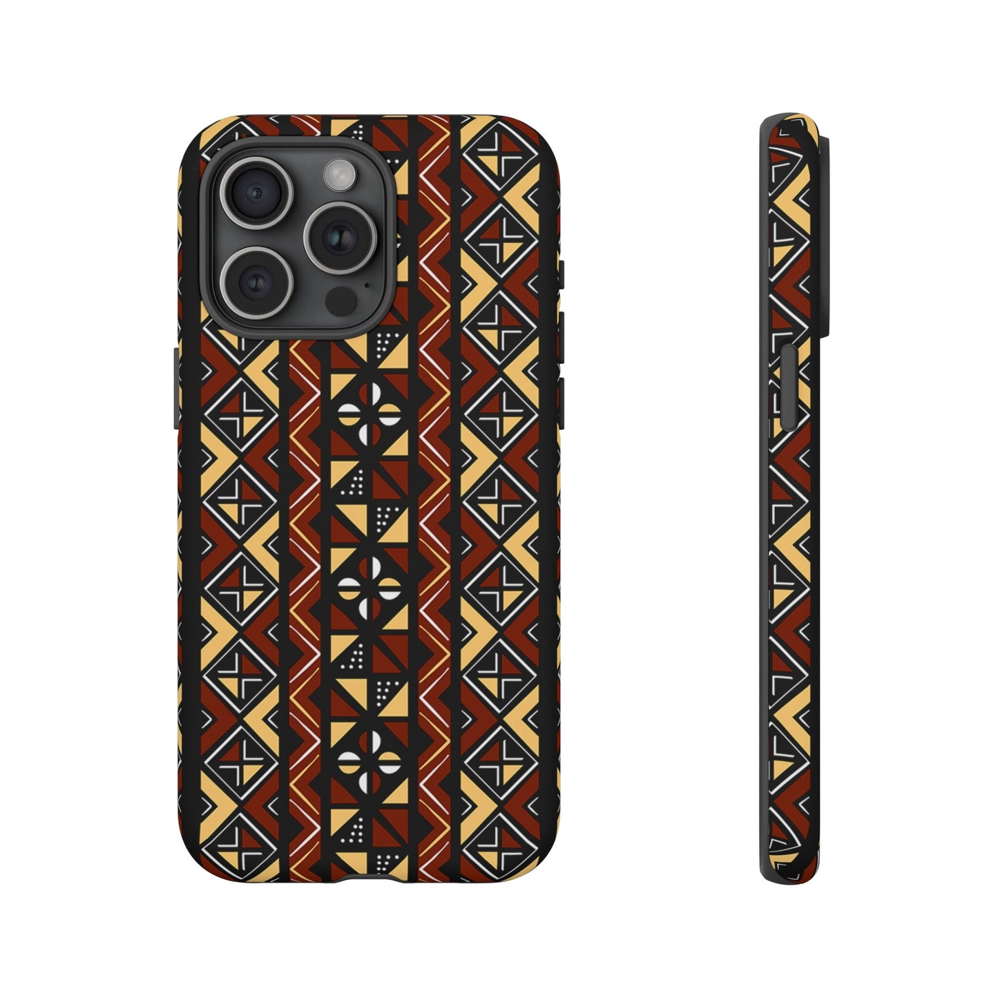 iPhone 15, iPhone 15 Pro, iPhone 15 Plus, iPhone 15 Pro Max Tough Cases Brown Black Yellow African Design Pattern