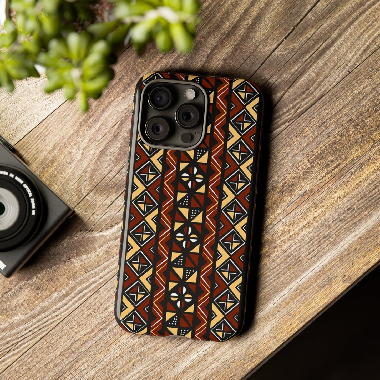 iPhone 15, iPhone 15 Pro, iPhone 15 Plus, iPhone 15 Pro Max Tough Cases Brown Black Yellow African Design Pattern