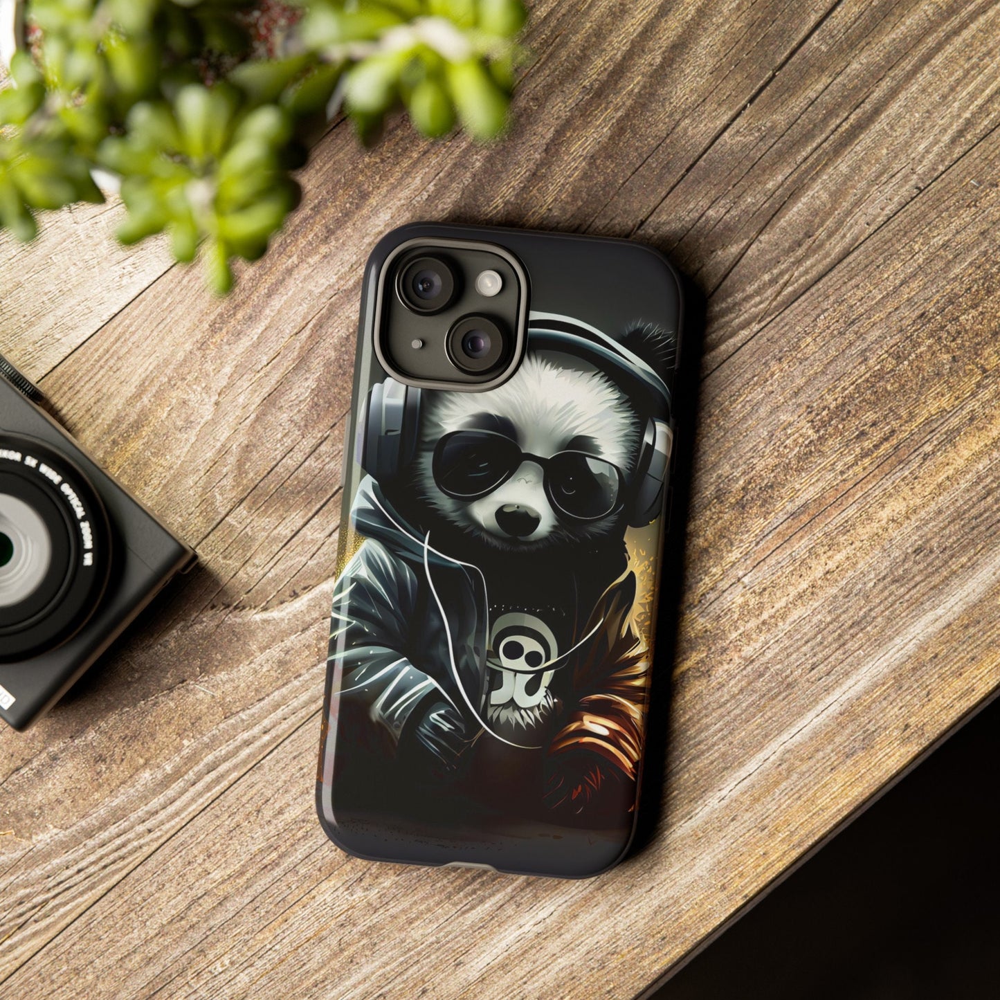 iPhone 15, iPhone 15 Pro, iPhone 15 Plus, iPhone 15 Pro Max Tough Cases Black White Panda With Headphones Audiophile Stereo headset bear