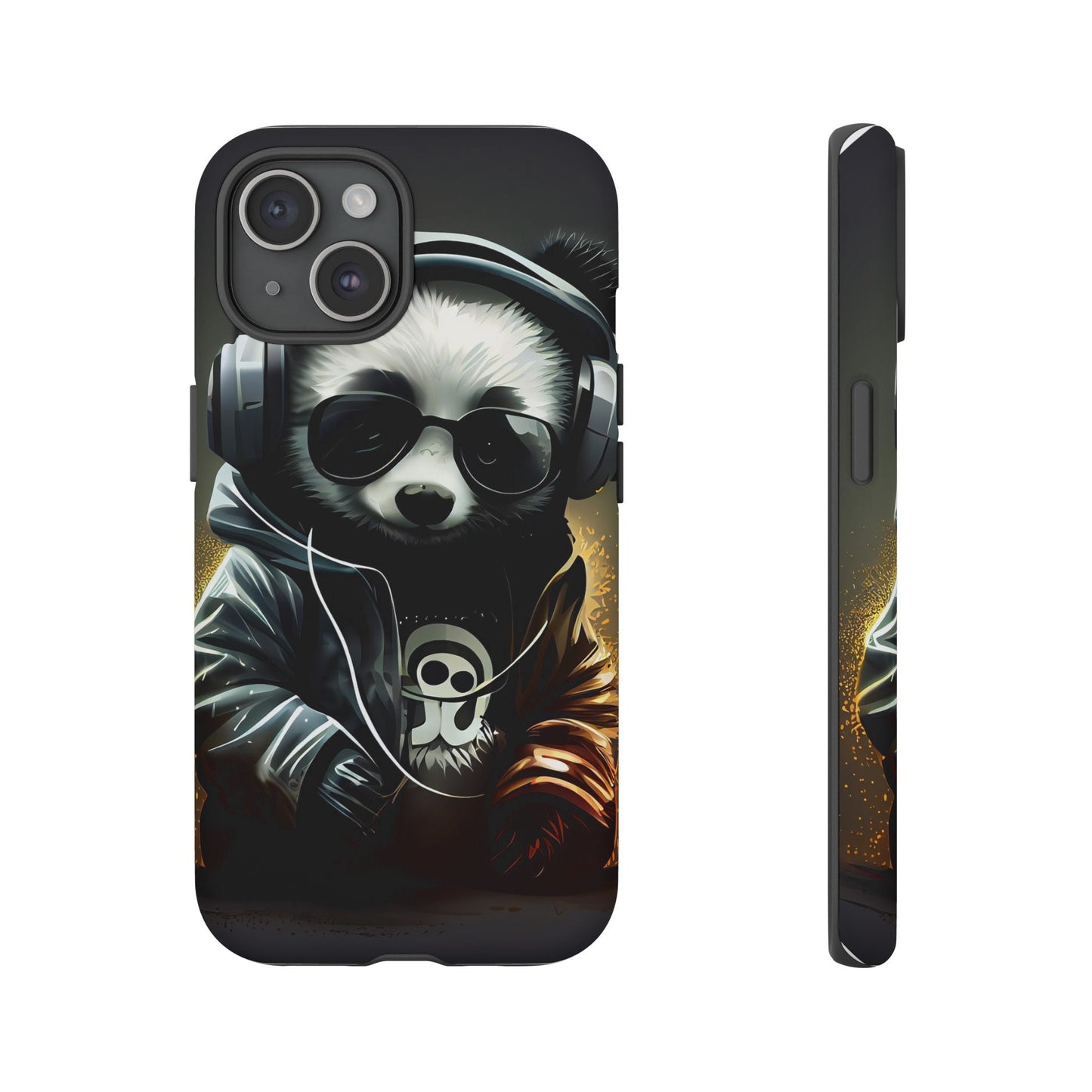 iPhone 15, iPhone 15 Pro, iPhone 15 Plus, iPhone 15 Pro Max Tough Cases Black White Panda With Headphones Audiophile Stereo headset bear