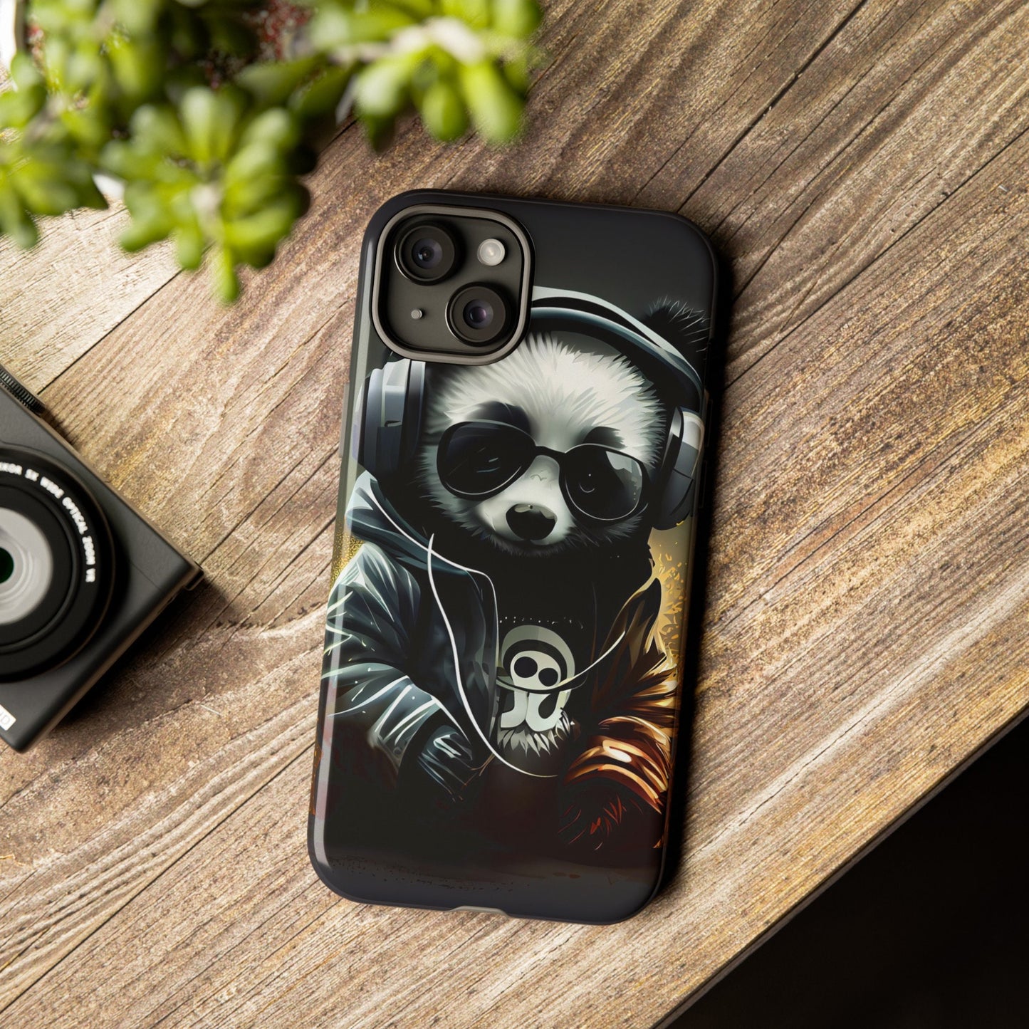 iPhone 15, iPhone 15 Pro, iPhone 15 Plus, iPhone 15 Pro Max Tough Cases Black White Panda With Headphones Audiophile Stereo headset bear