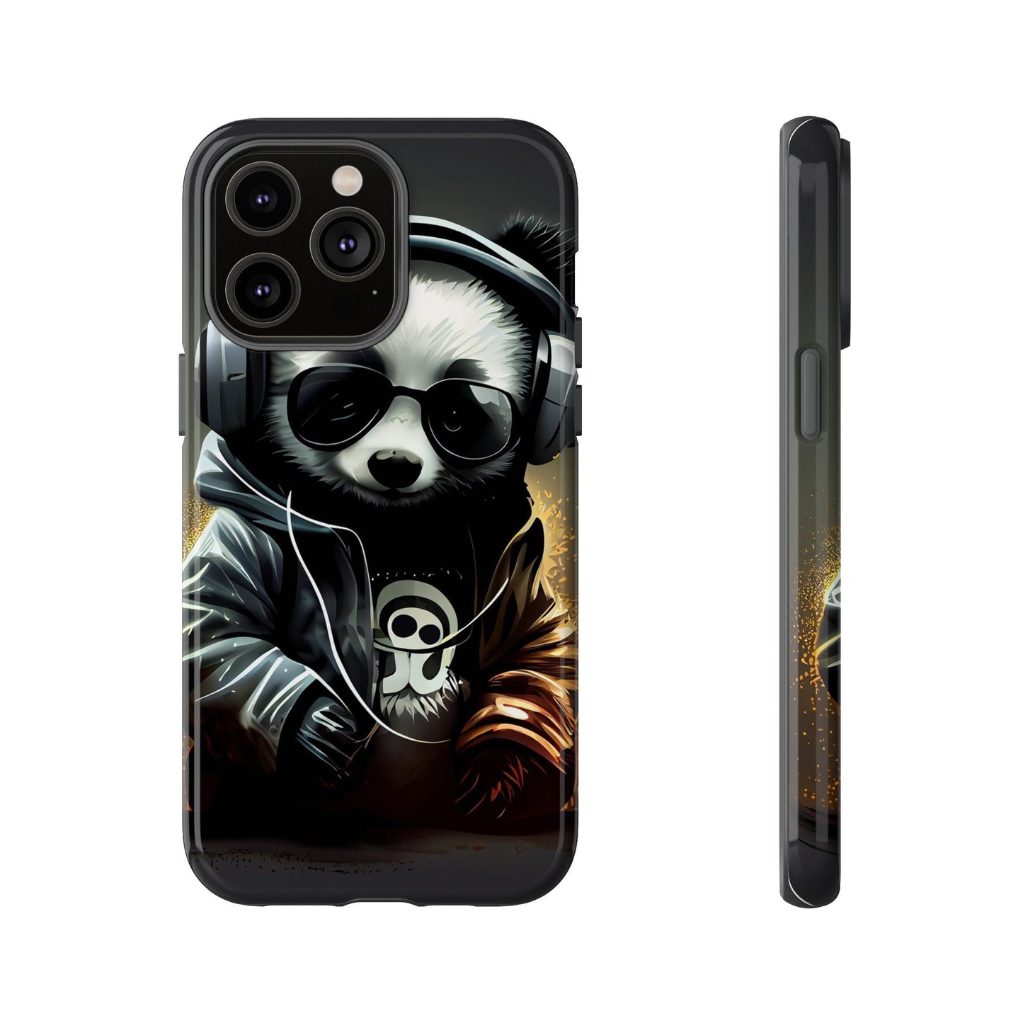 iPhone 14, iPhone 14 Pro, iPhone 14 Plus, iPhone 14 Pro Max Tough Cases Black White Panda With Headphones Audiophile Stereo headset bear