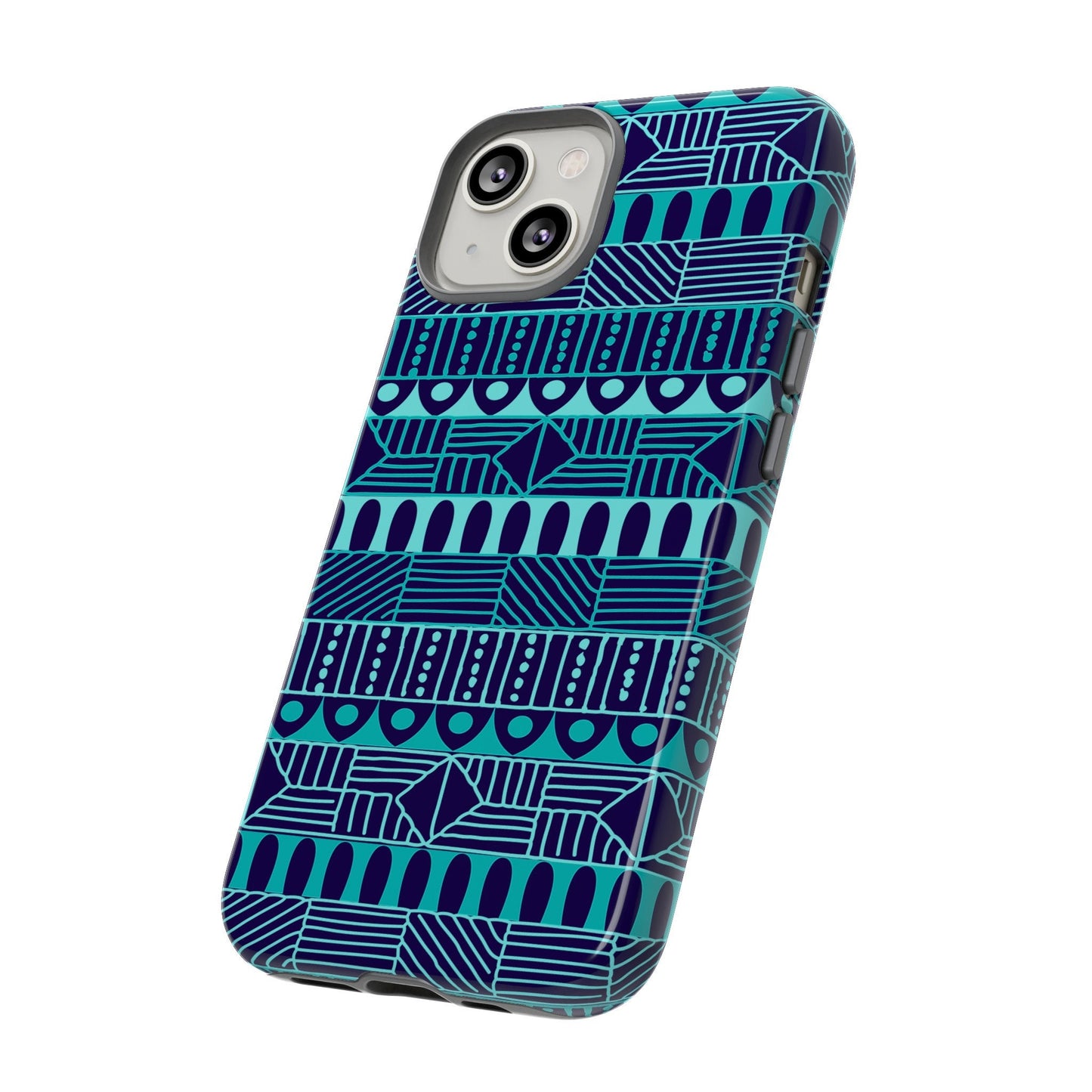 iPhone 14, iPhone 14 Pro, iPhone 14 Plus, iPhone 14 Pro Max Tough Cases Blue Navy Batik African Design Pattern Teal Light Blue