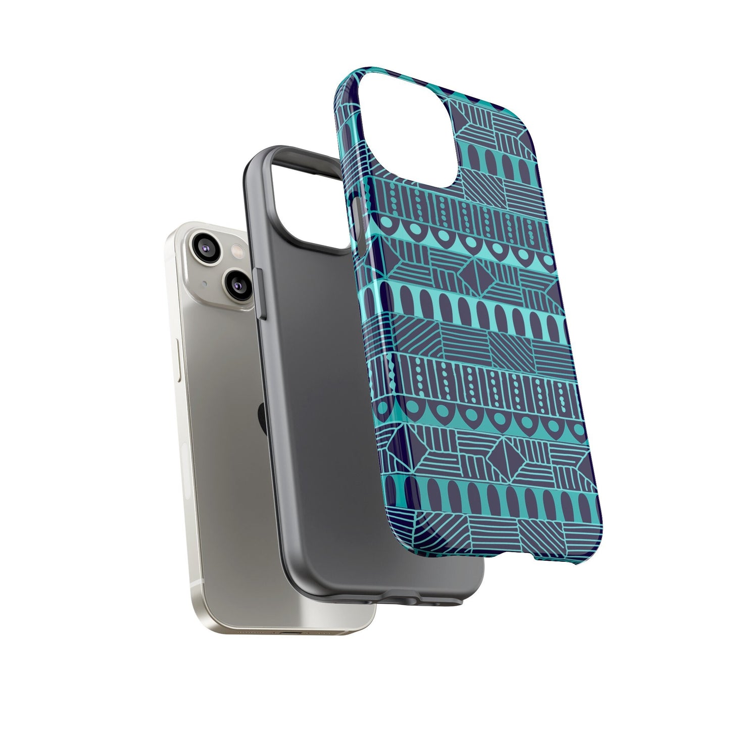 iPhone 14, iPhone 14 Pro, iPhone 14 Plus, iPhone 14 Pro Max Tough Cases Blue Navy Batik African Design Pattern Teal Light Blue