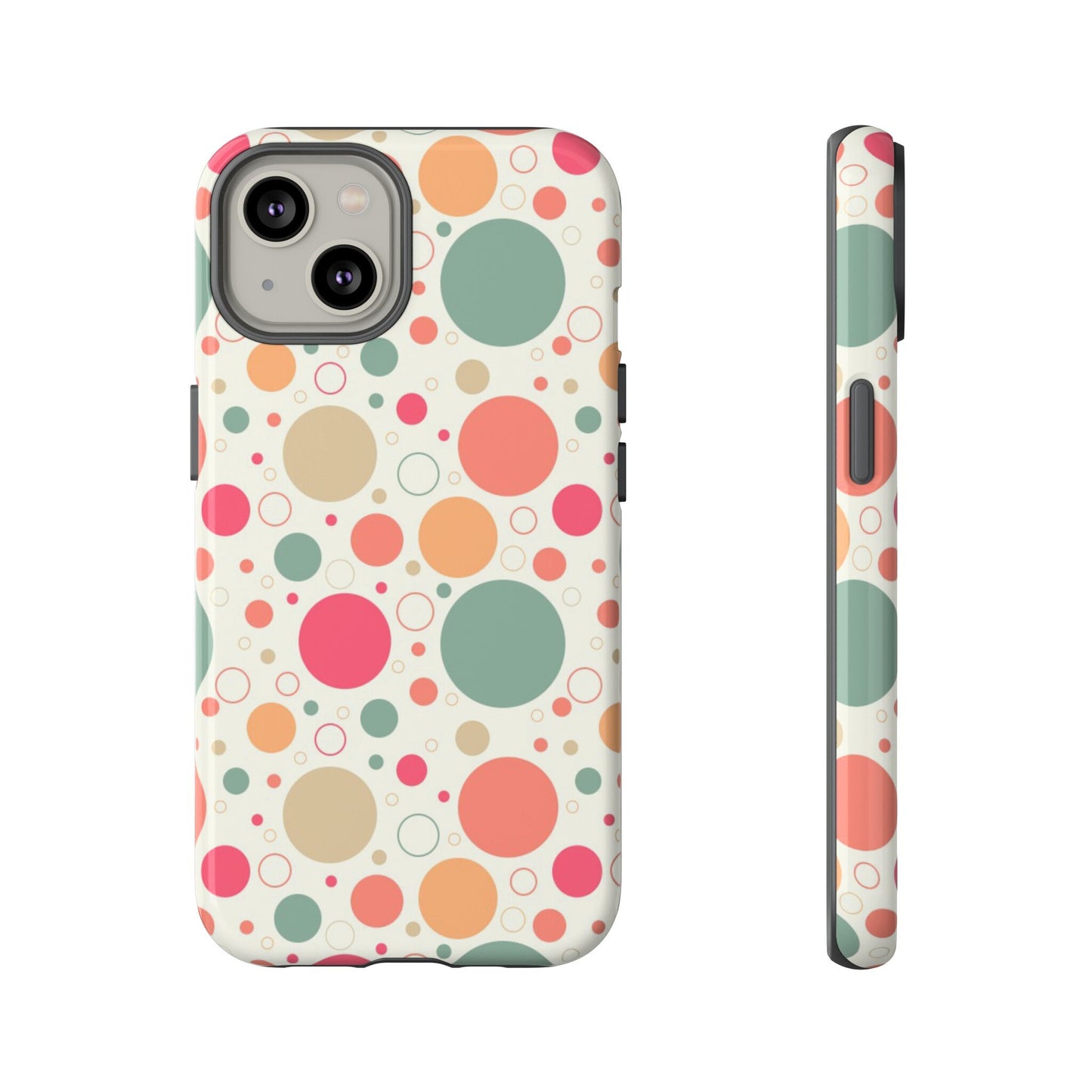 iPhone 14, iPhone 14 Pro, iPhone 14 Plus, iPhone 14 Pro Max Tough Cases Bubbles Coral Green Yellow Circles Round Colors
