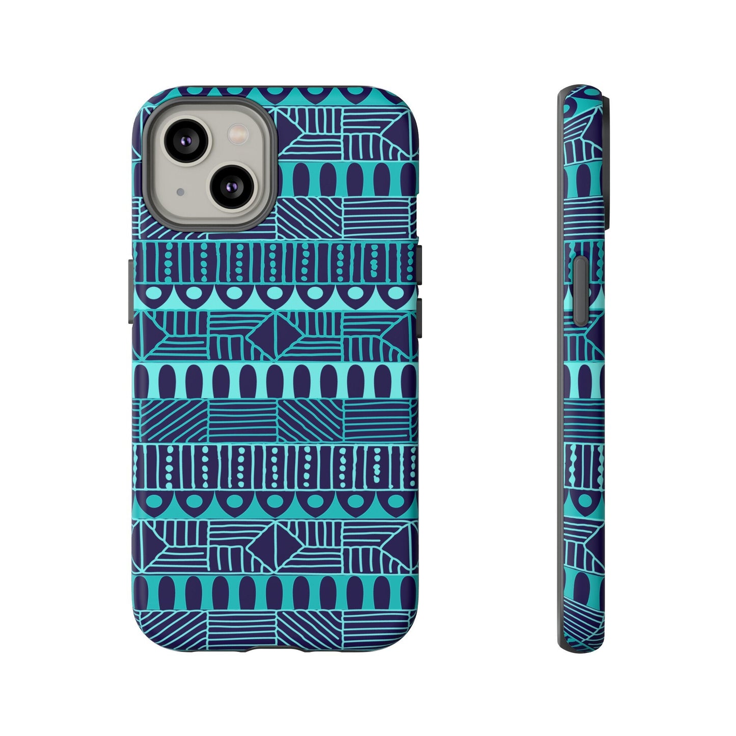 iPhone 14, iPhone 14 Pro, iPhone 14 Plus, iPhone 14 Pro Max Tough Cases Blue Navy Batik African Design Pattern Teal Light Blue