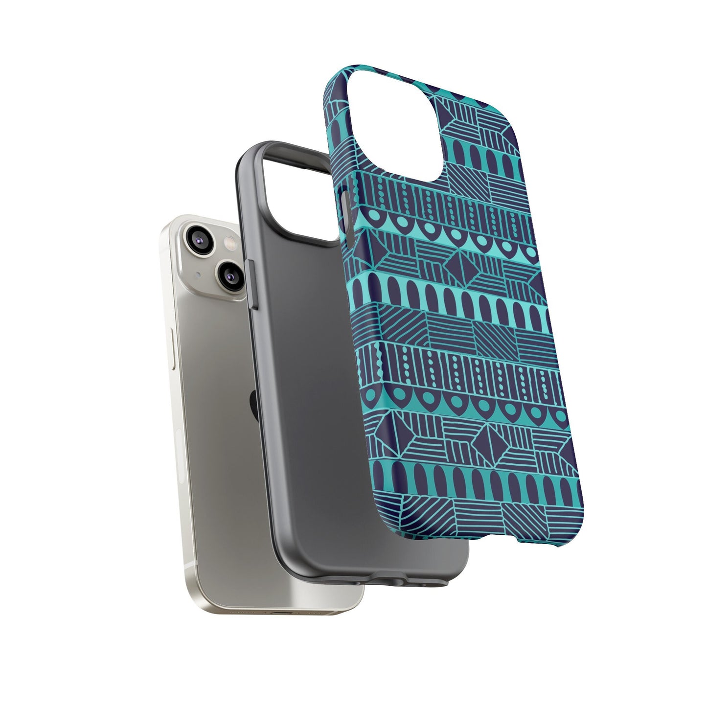 iPhone 14, iPhone 14 Pro, iPhone 14 Plus, iPhone 14 Pro Max Tough Cases Blue Navy Batik African Design Pattern Teal Light Blue