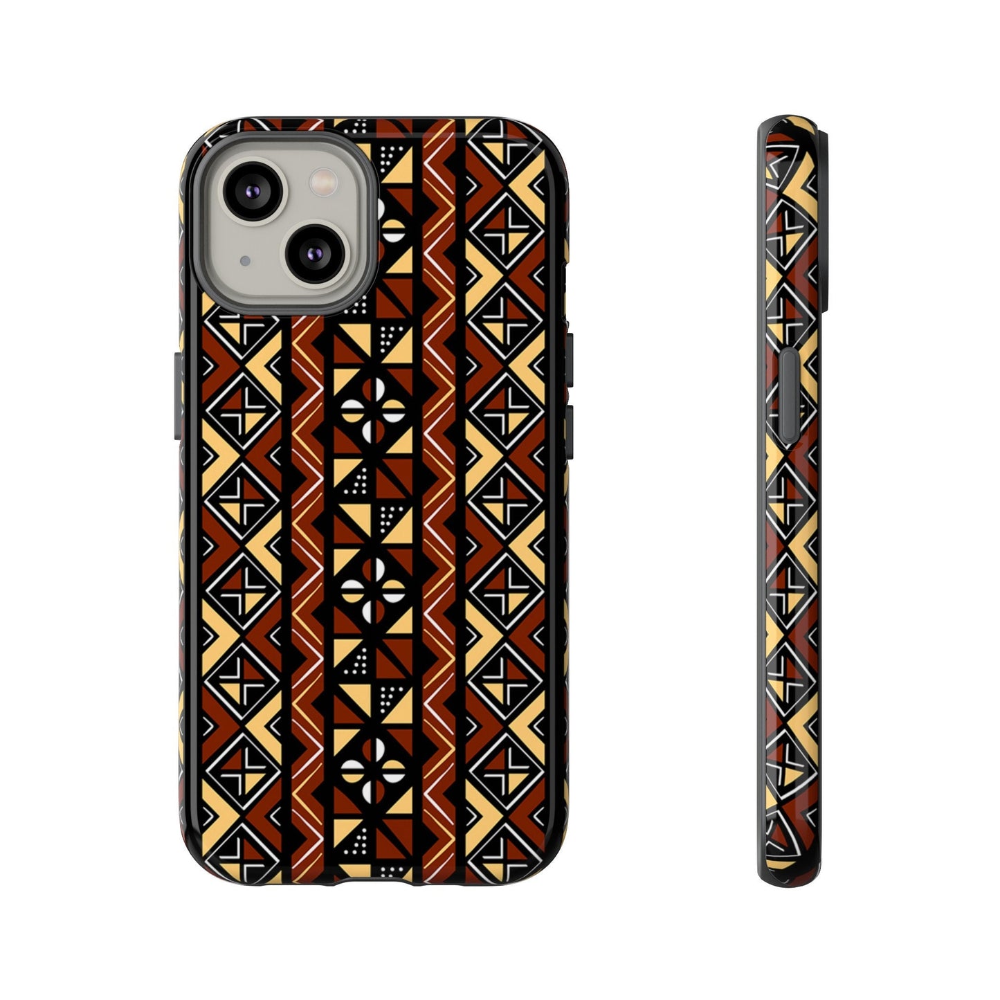 iPhone 14, iPhone 14 Pro, iPhone 14 Plus, iPhone 14 Pro Max Tough Cases Brown Black Yellow African Design Pattern
