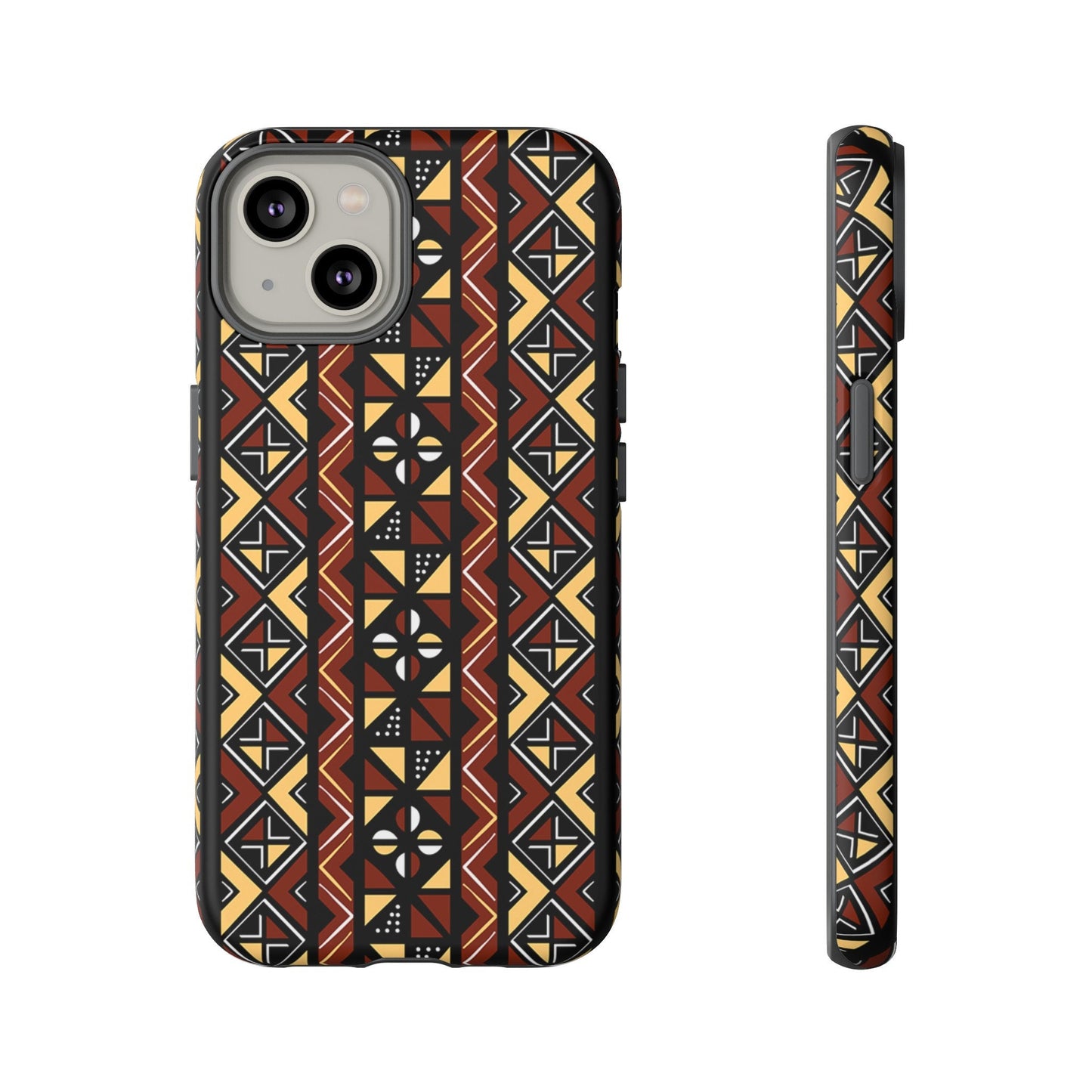 iPhone 14, iPhone 14 Pro, iPhone 14 Plus, iPhone 14 Pro Max Tough Cases Brown Black Yellow African Design Pattern