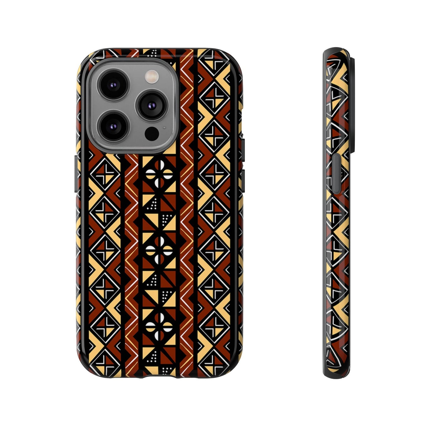 iPhone 14, iPhone 14 Pro, iPhone 14 Plus, iPhone 14 Pro Max Tough Cases Brown Black Yellow African Design Pattern