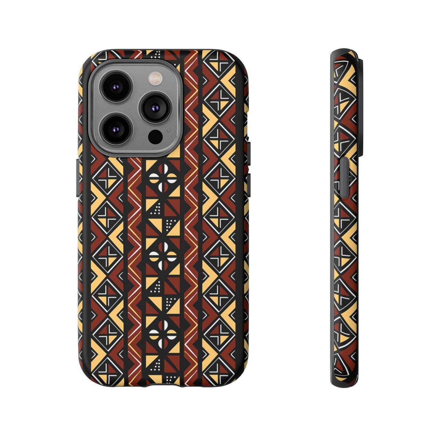 iPhone 14, iPhone 14 Pro, iPhone 14 Plus, iPhone 14 Pro Max Tough Cases Brown Black Yellow African Design Pattern