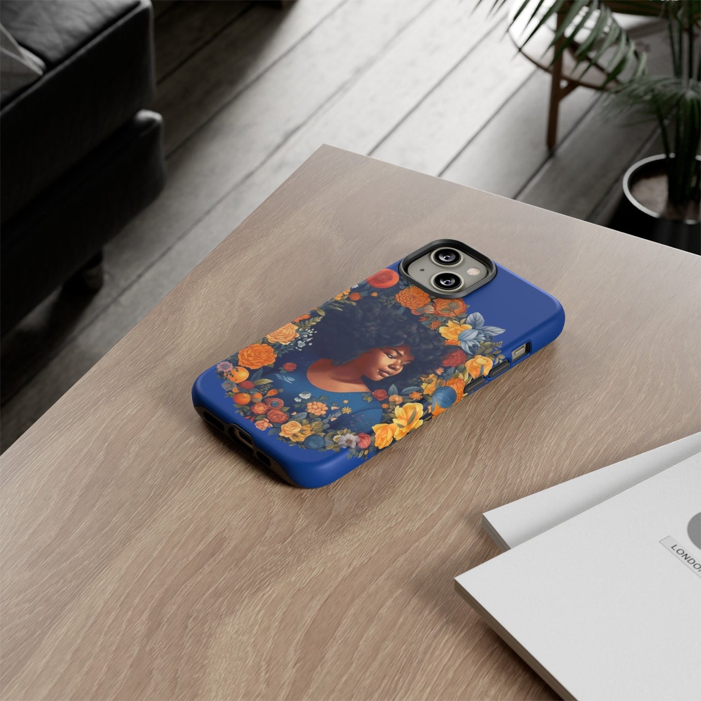 iPhone 14, iPhone 14 Pro, iPhone 14 Plus, iPhone 14 Pro Max Tough Cases African American Black Women in Flower Wreath Blue Green Orange