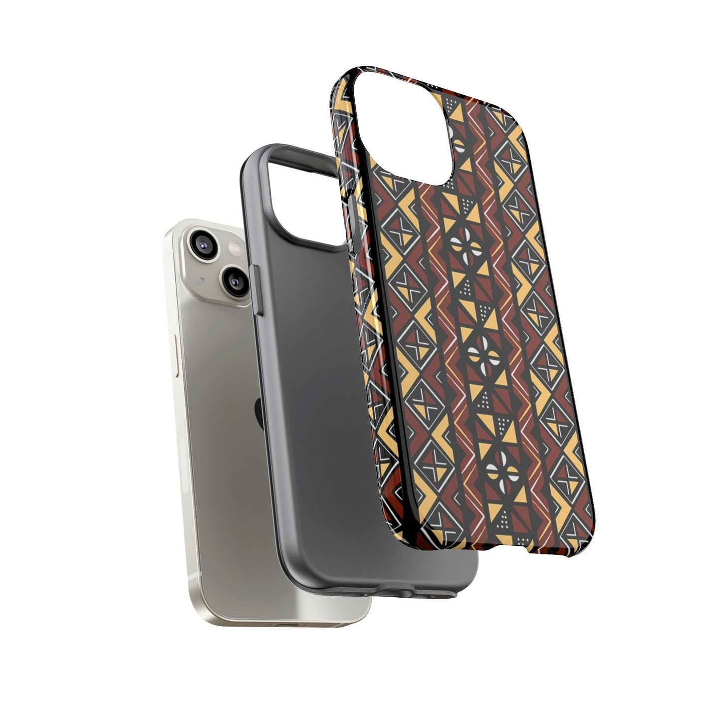 iPhone 14, iPhone 14 Pro, iPhone 14 Plus, iPhone 14 Pro Max Tough Cases Brown Black Yellow African Design Pattern