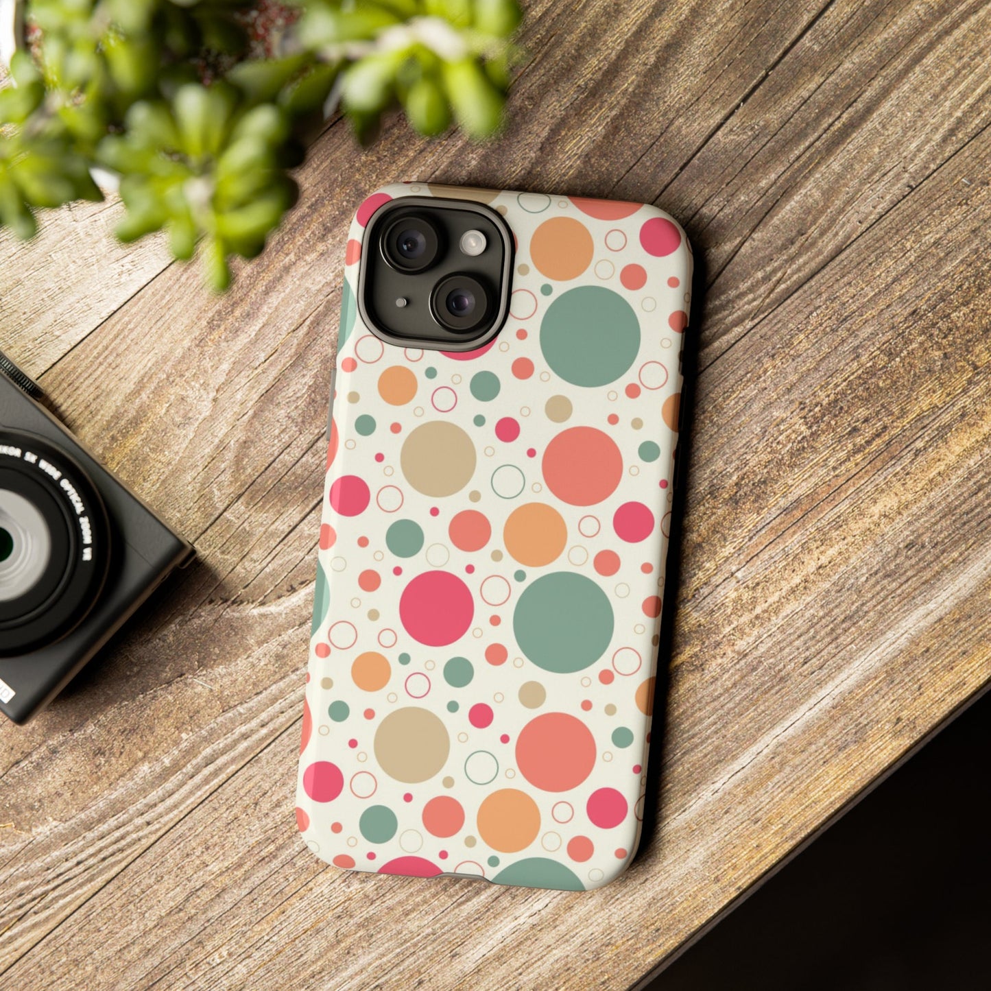 iPhone 15, iPhone 15 Pro, iPhone 15 Plus, iPhone 15 Pro Max Tough Cases Bubbles Coral Green Yellow Circles Round Colors