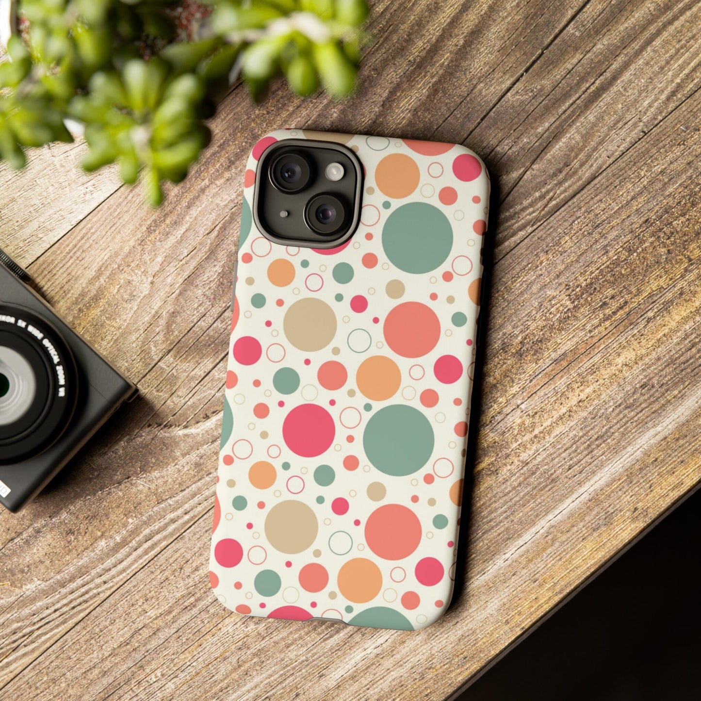 iPhone 15, iPhone 15 Pro, iPhone 15 Plus, iPhone 15 Pro Max Tough Cases Bubbles Coral Green Yellow Circles Round Colors