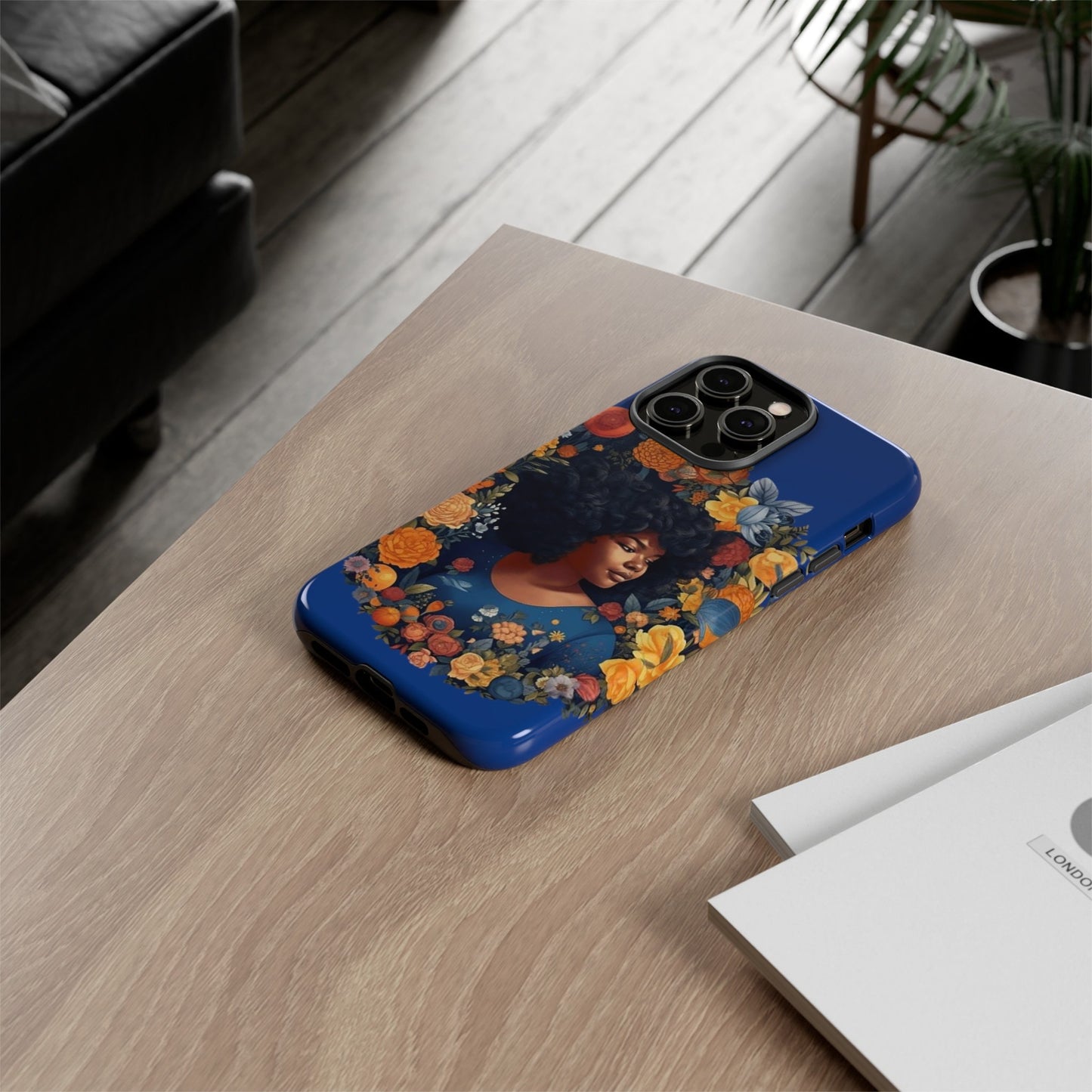 iPhone 14, iPhone 14 Pro, iPhone 14 Plus, iPhone 14 Pro Max Tough Cases African American Black Women in Flower Wreath Blue Green Orange