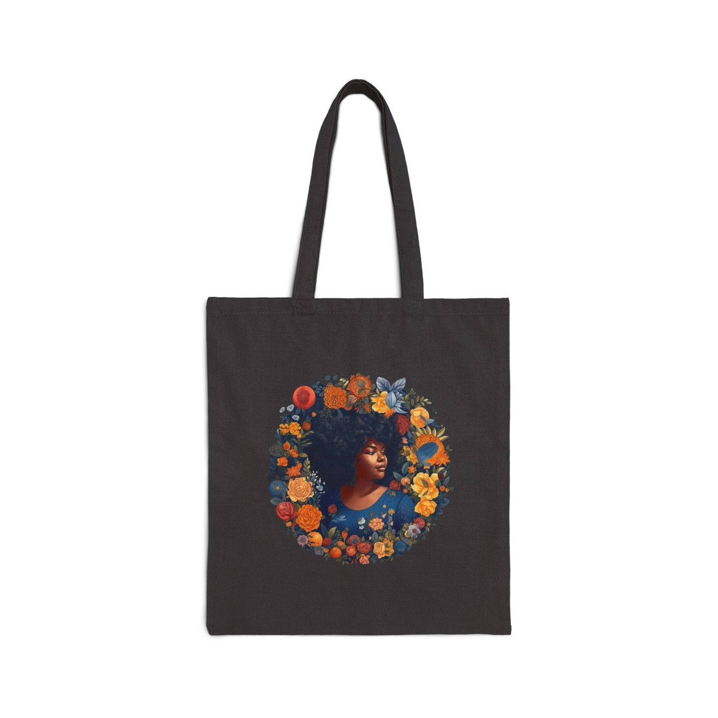 African American Woman Black Lady in Wreath with orange Yellow Red Flowers Cotton Canvas Tote Bag Shopping Bag Book Bag