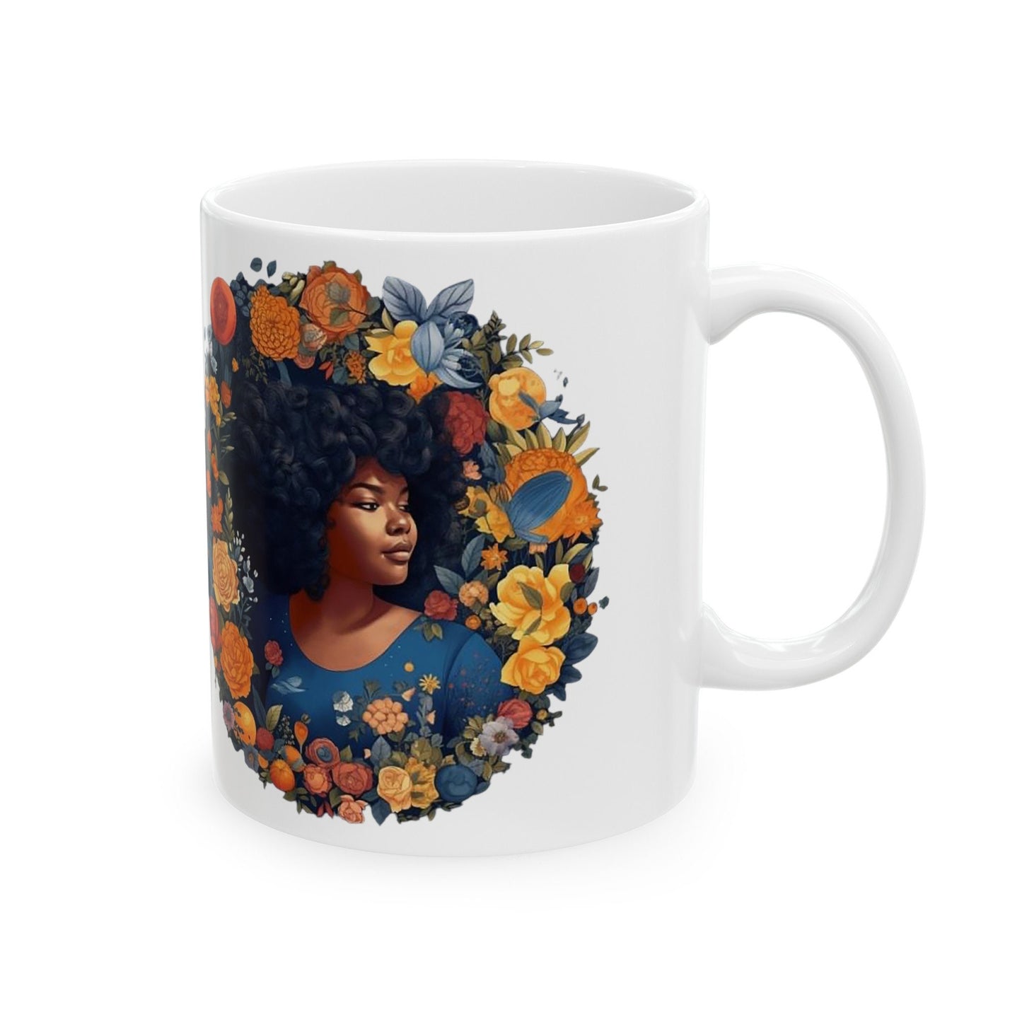 African American Woman in Blue Wreath with Red Yellow Orange Flowers Ceramic Mug, 11oz Mom Gift