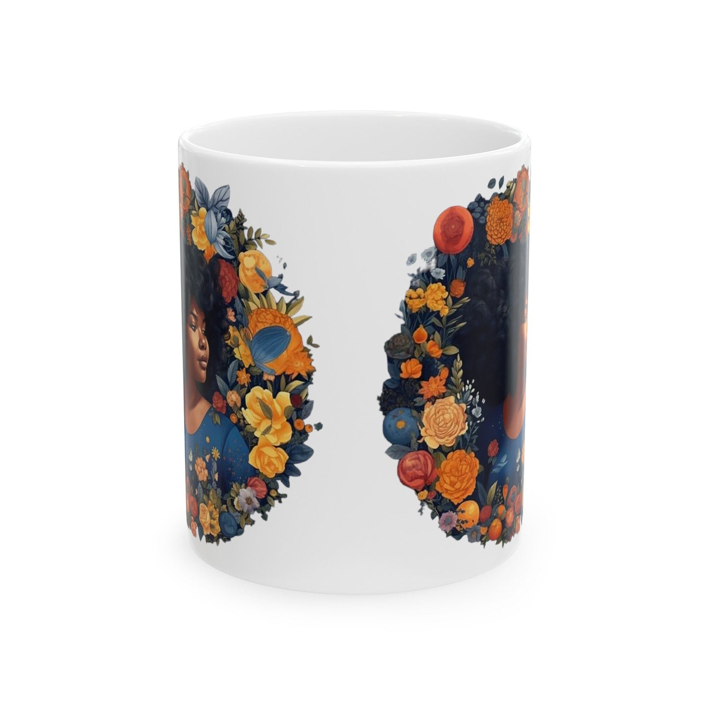 African American Woman in Blue Wreath with Red Yellow Orange Flowers Ceramic Mug, 11oz Mom Gift