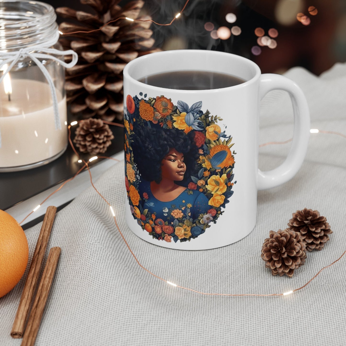 African American Woman in Blue Wreath with Red Yellow Orange Flowers Ceramic Mug, 11oz Mom Gift