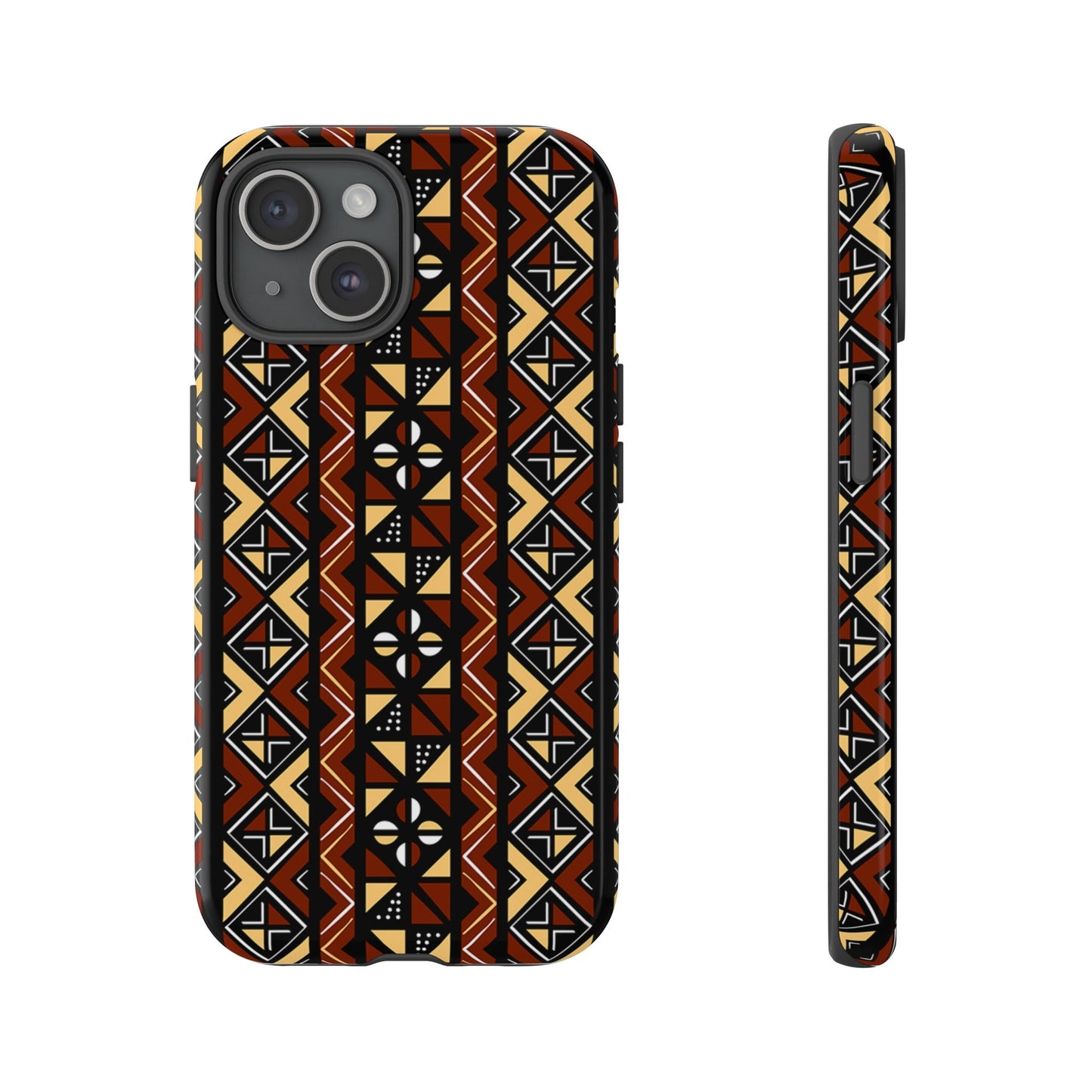 iPhone 15, iPhone 15 Pro, iPhone 15 Plus, iPhone 15 Pro Max Tough Cases Brown Black Yellow African Design Pattern
