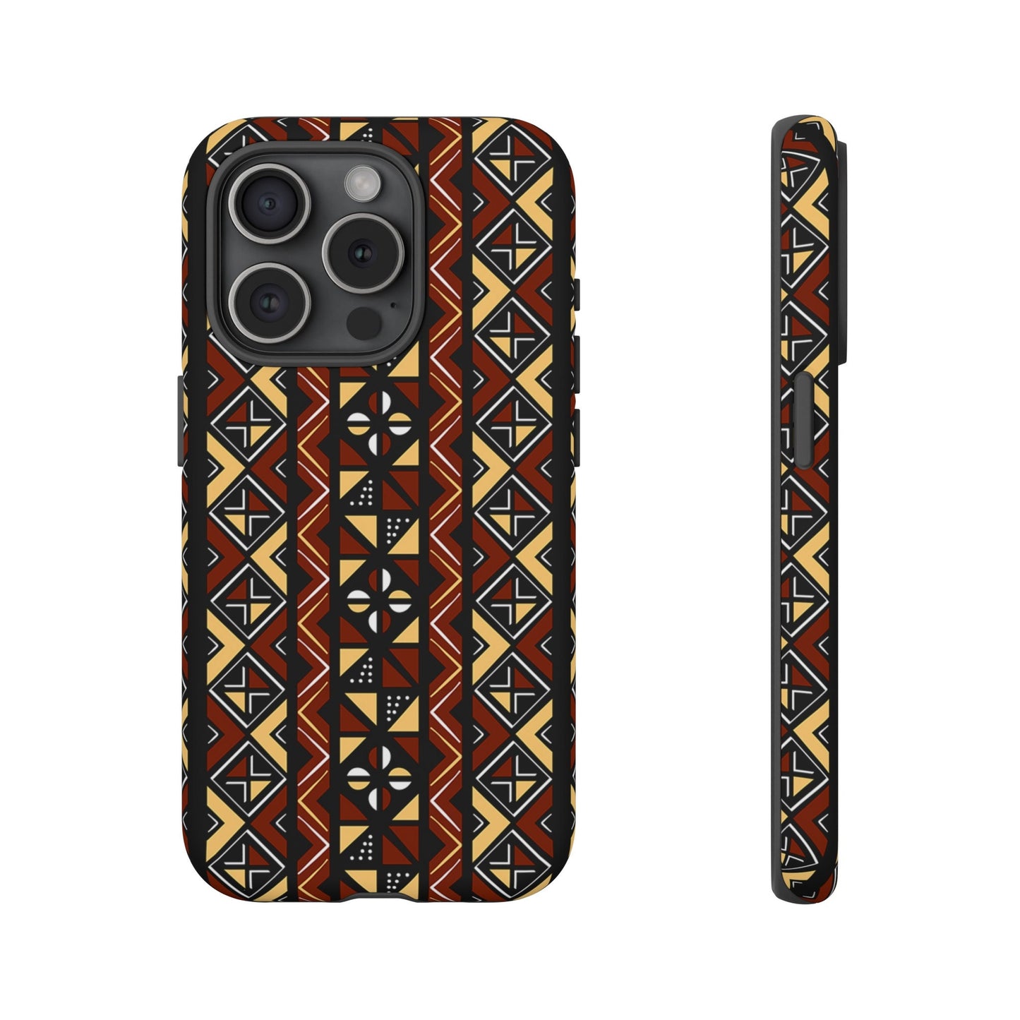 iPhone 15, iPhone 15 Pro, iPhone 15 Plus, iPhone 15 Pro Max Tough Cases Brown Black Yellow African Design Pattern