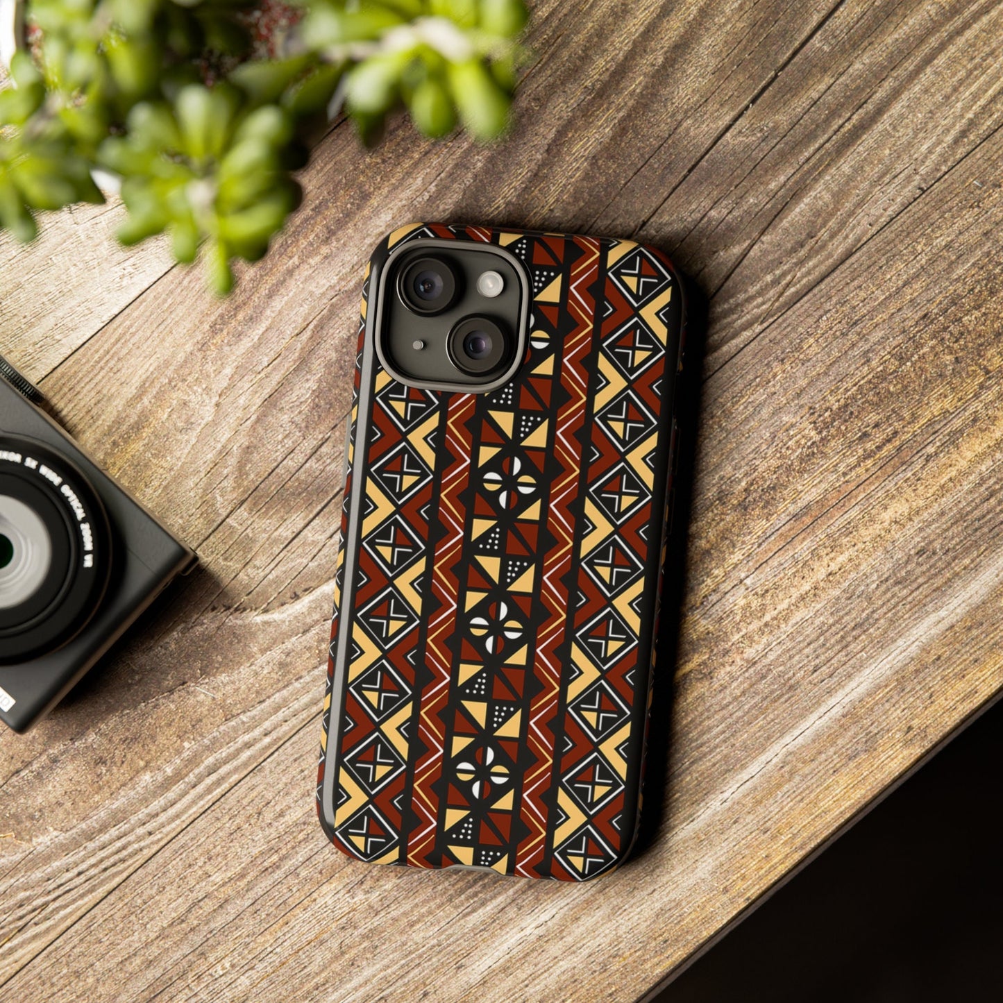 iPhone 15, iPhone 15 Pro, iPhone 15 Plus, iPhone 15 Pro Max Tough Cases Brown Black Yellow African Design Pattern