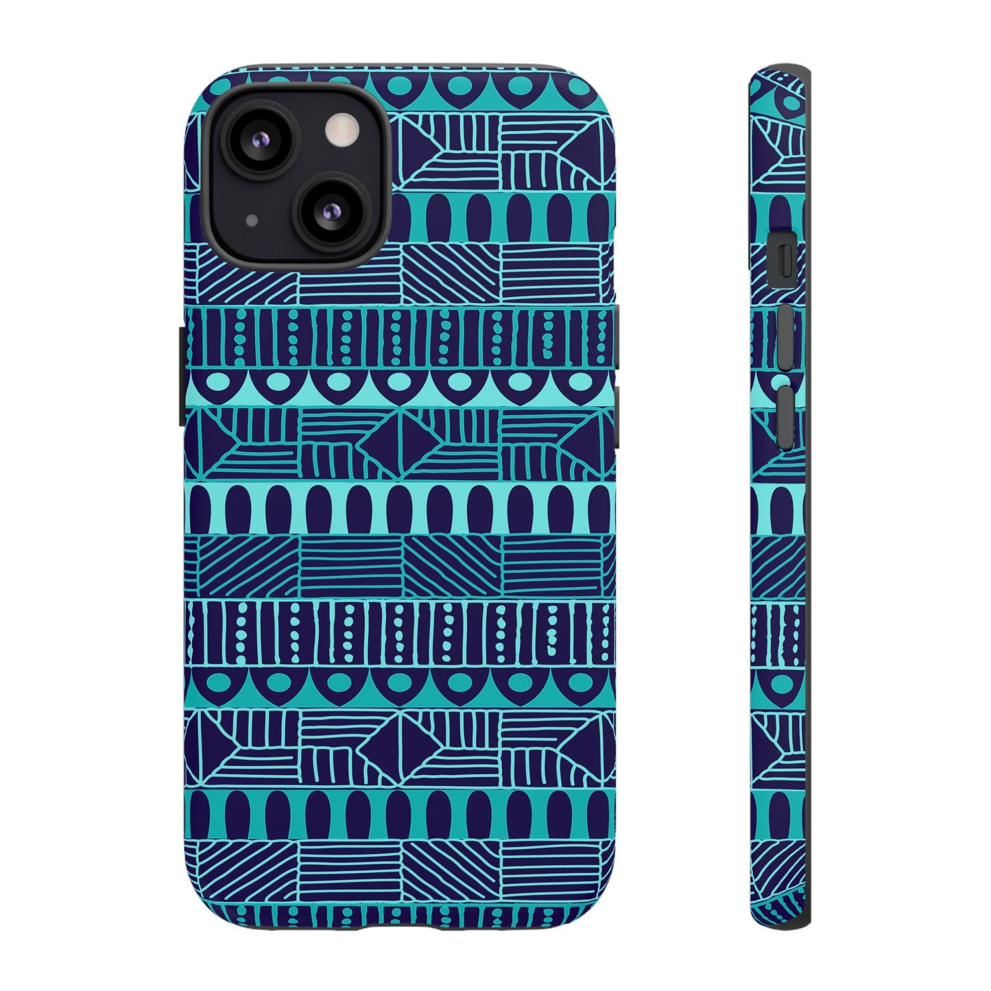 iPhone 13, iPhone 13 Pro, iPhone 13 Mini, iPhone 13 Pro Max Tough Cases Blue Navy Batik African Design Pattern Teal Light Blue