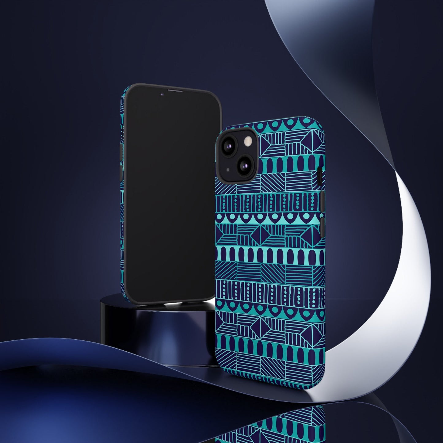 iPhone 13, iPhone 13 Pro, iPhone 13 Mini, iPhone 13 Pro Max Tough Cases Blue Navy Batik African Design Pattern Teal Light Blue