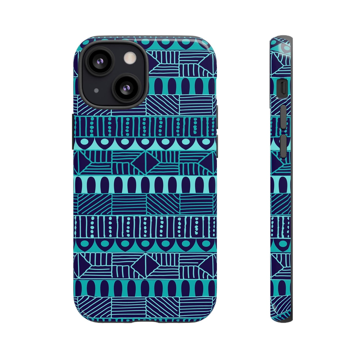 iPhone 13, iPhone 13 Pro, iPhone 13 Mini, iPhone 13 Pro Max Tough Cases Blue Navy Batik African Design Pattern Teal Light Blue