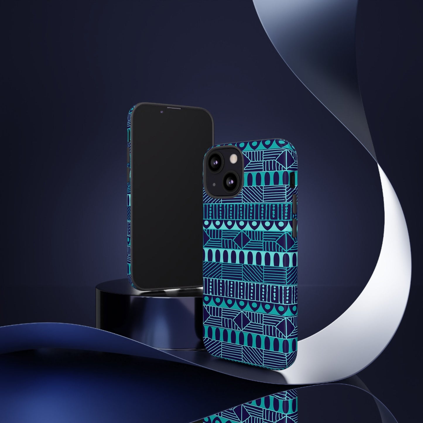 iPhone 13, iPhone 13 Pro, iPhone 13 Mini, iPhone 13 Pro Max Tough Cases Blue Navy Batik African Design Pattern Teal Light Blue