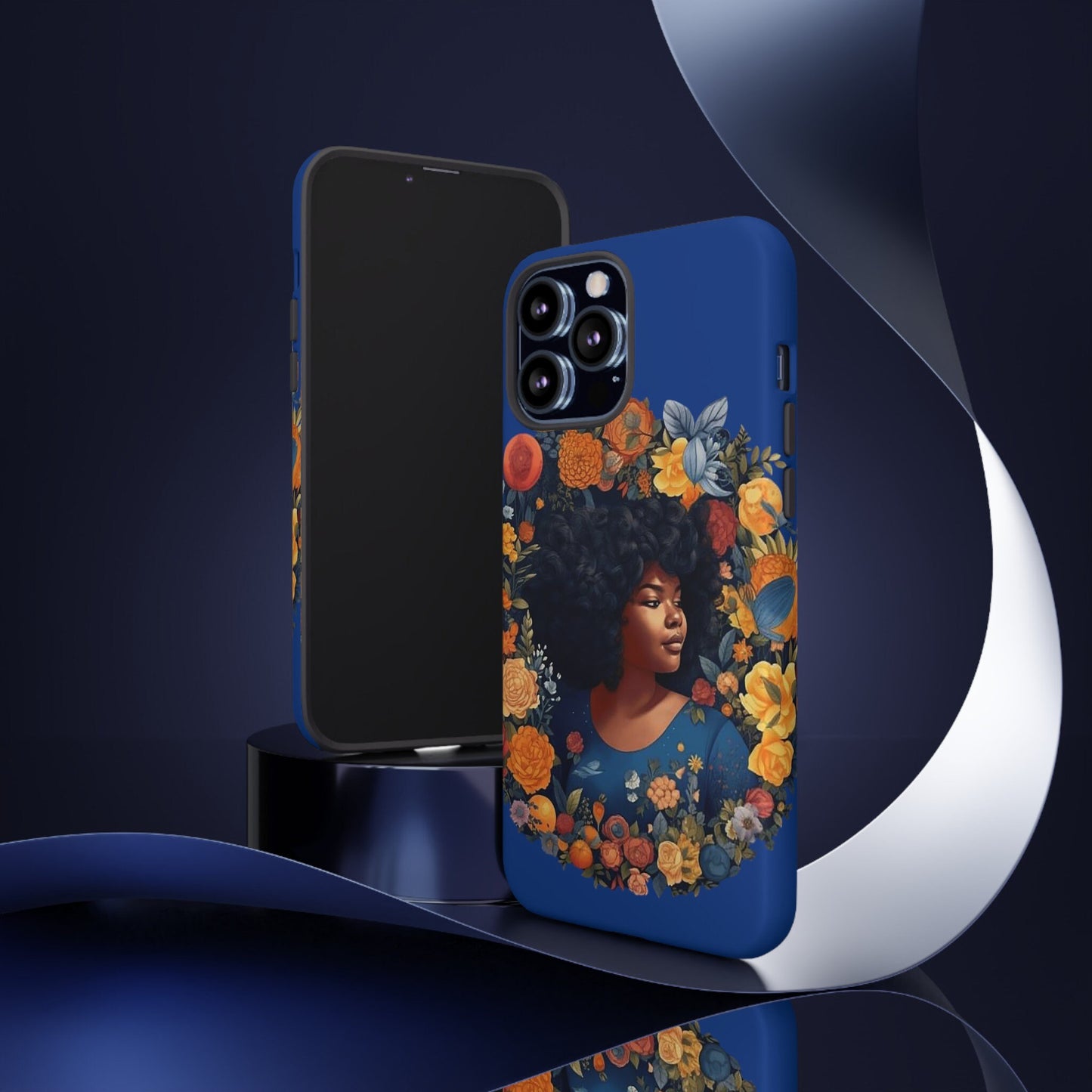 iPhone 13, iPhone 13 Pro, iPhone 13 Mini, iPhone 13 Pro Max Tough Cases African American Black Women in Flower Wreath Blue Green Orange