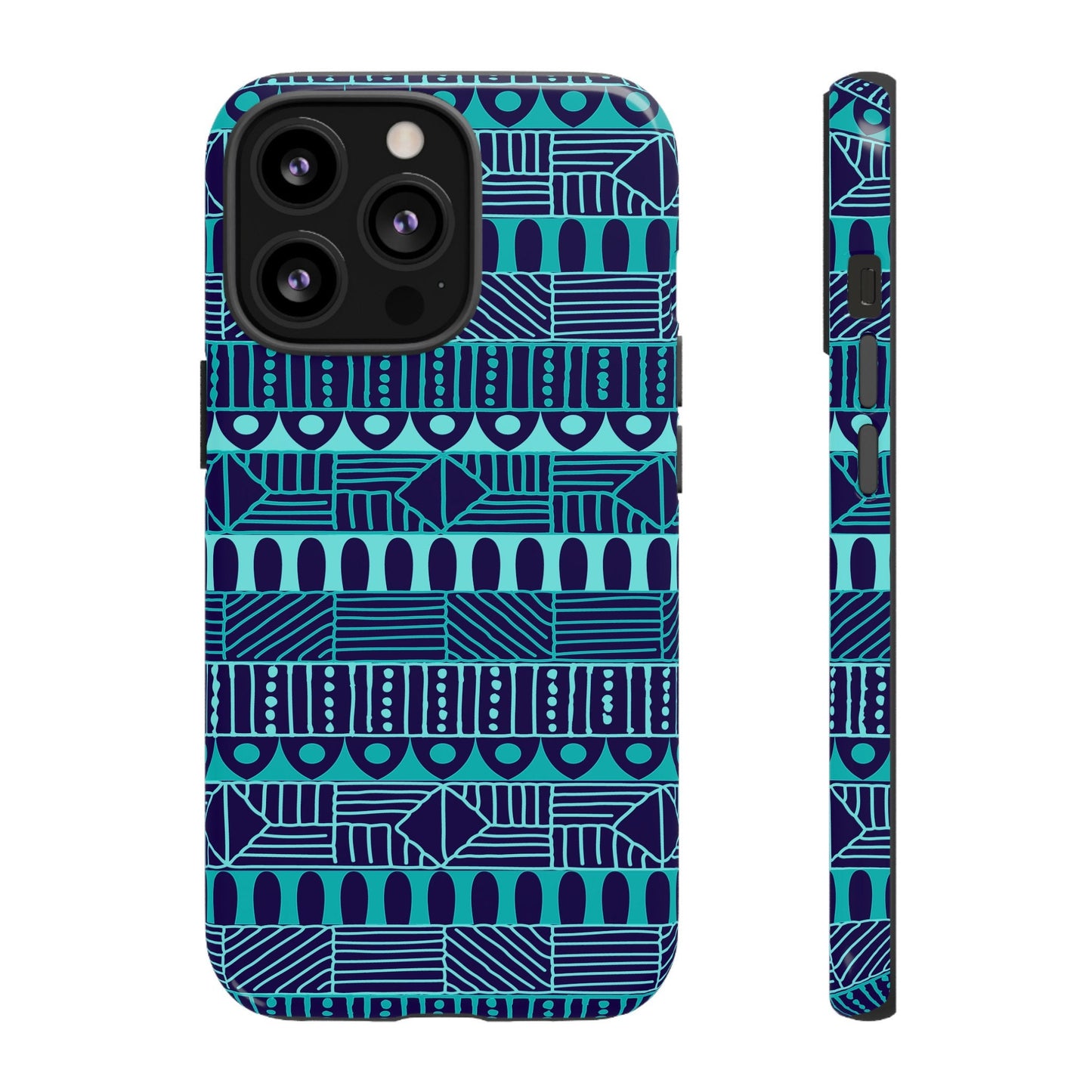 iPhone 13, iPhone 13 Pro, iPhone 13 Mini, iPhone 13 Pro Max Tough Cases Blue Navy Batik African Design Pattern Teal Light Blue