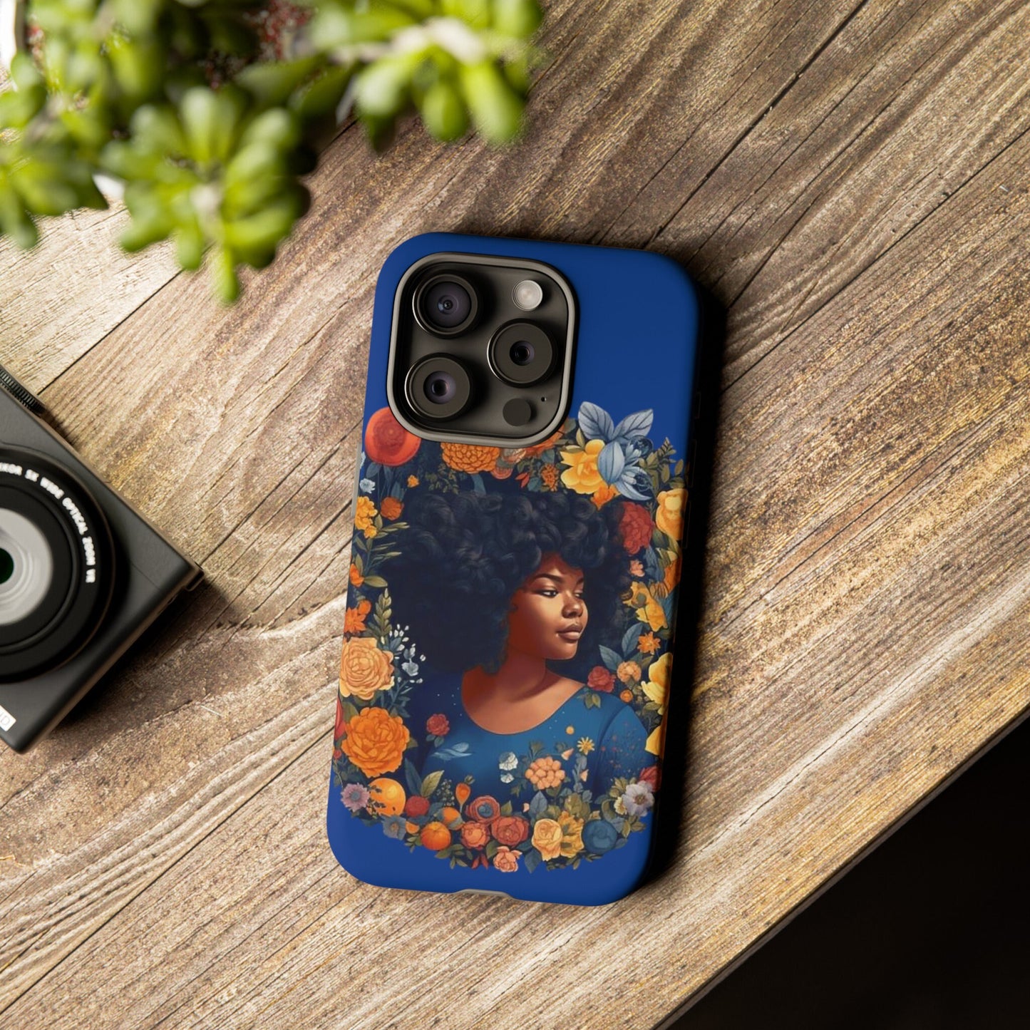 iPhone 15, iPhone 15 Pro, iPhone 15 Plus, iPhone 15 Pro Max Tough Cases African American Black Women in Flower Wreath Blue Green Orange