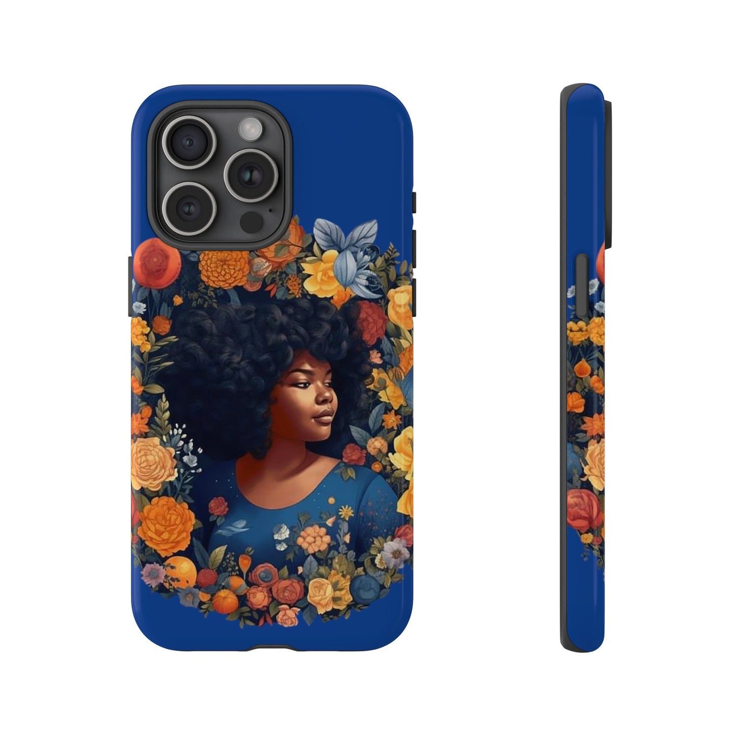 iPhone 15, iPhone 15 Pro, iPhone 15 Plus, iPhone 15 Pro Max Tough Cases African American Black Women in Flower Wreath Blue Green Orange