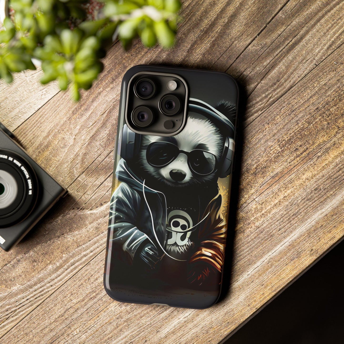 iPhone 15, iPhone 15 Pro, iPhone 15 Plus, iPhone 15 Pro Max Tough Cases Black White Panda With Headphones Audiophile Stereo headset bear