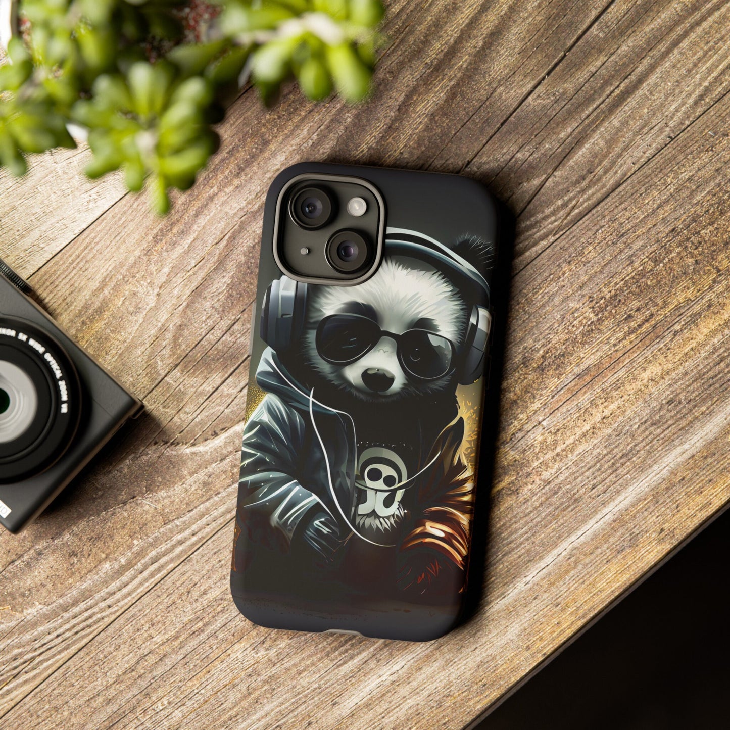 iPhone 15, iPhone 15 Pro, iPhone 15 Plus, iPhone 15 Pro Max Tough Cases Black White Panda With Headphones Audiophile Stereo headset bear