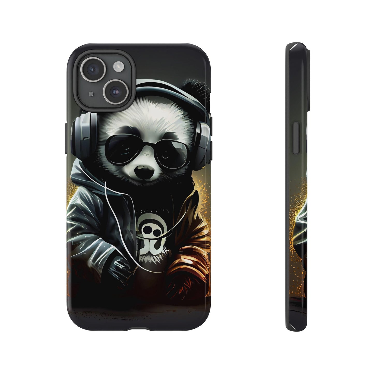 iPhone 15, iPhone 15 Pro, iPhone 15 Plus, iPhone 15 Pro Max Tough Cases Black White Panda With Headphones Audiophile Stereo headset bear
