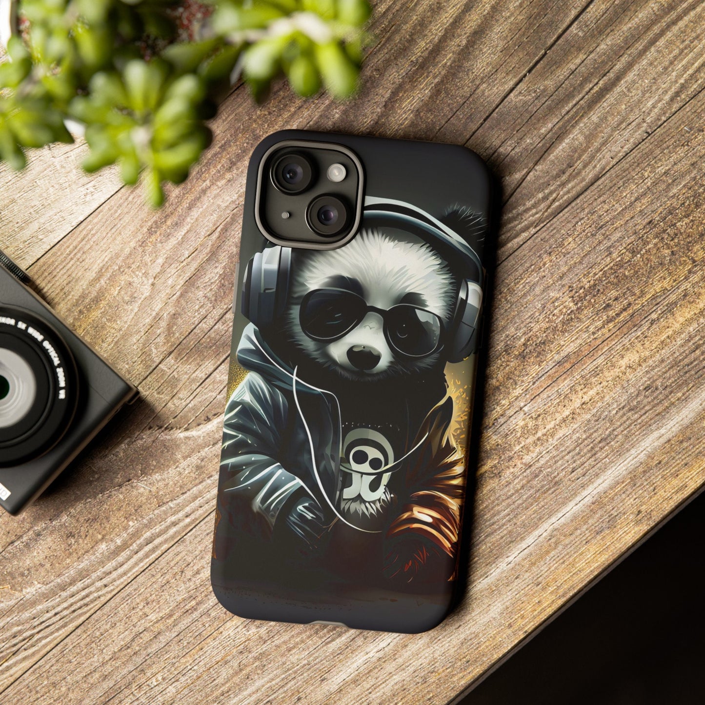 iPhone 15, iPhone 15 Pro, iPhone 15 Plus, iPhone 15 Pro Max Tough Cases Black White Panda With Headphones Audiophile Stereo headset bear
