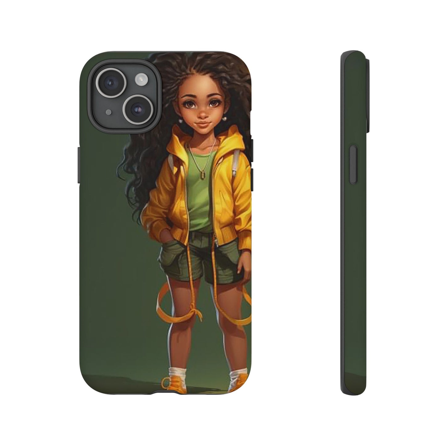 iPhone 15, iPhone 15 Pro, iPhone 15 Plus, iPhone 15 Pro Max Tough Case African American Young Woman Black in Yellow Hoodie Yellow Sweatshirt