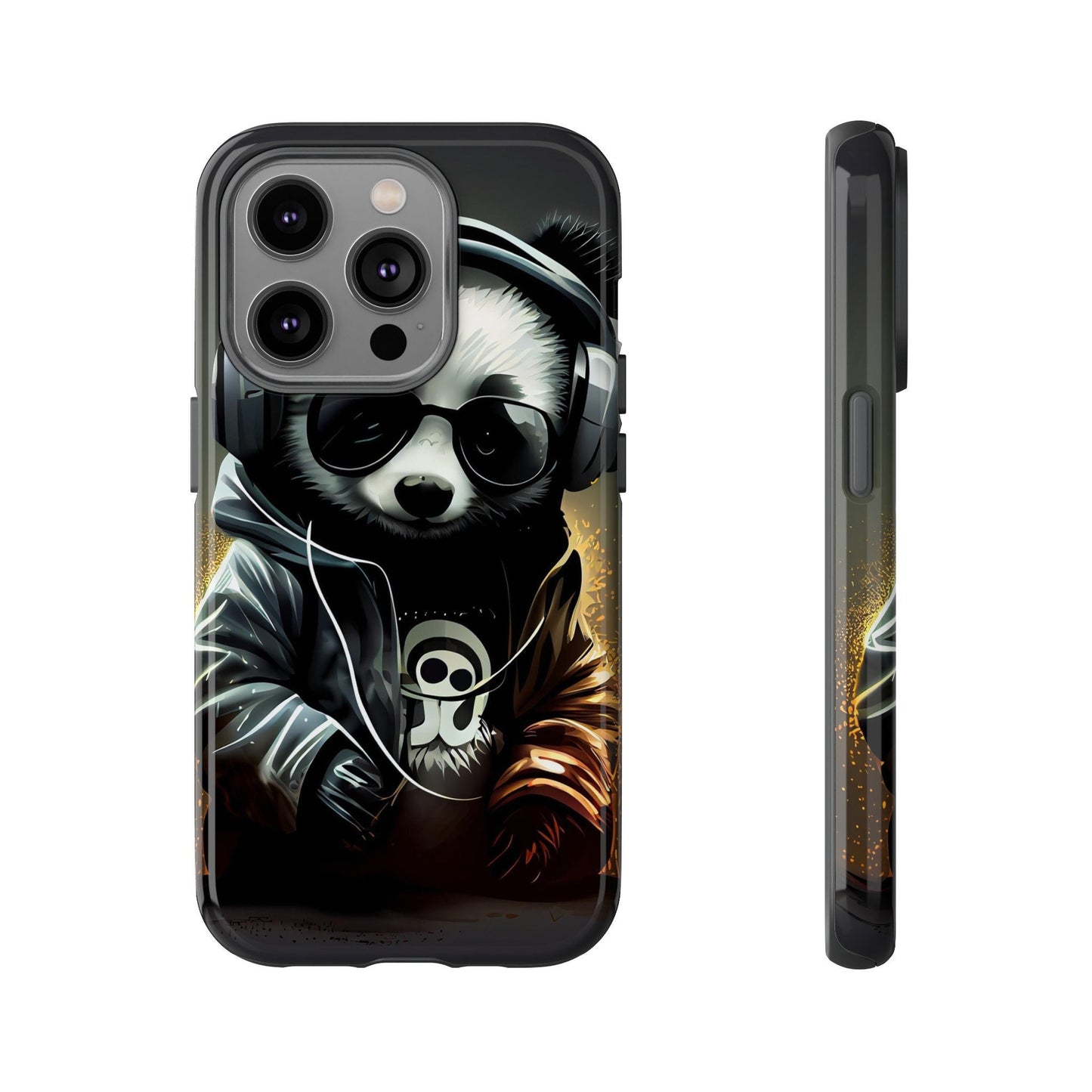 iPhone 14, iPhone 14 Pro, iPhone 14 Plus, iPhone 14 Pro Max Tough Cases Black White Panda With Headphones Audiophile Stereo headset bear